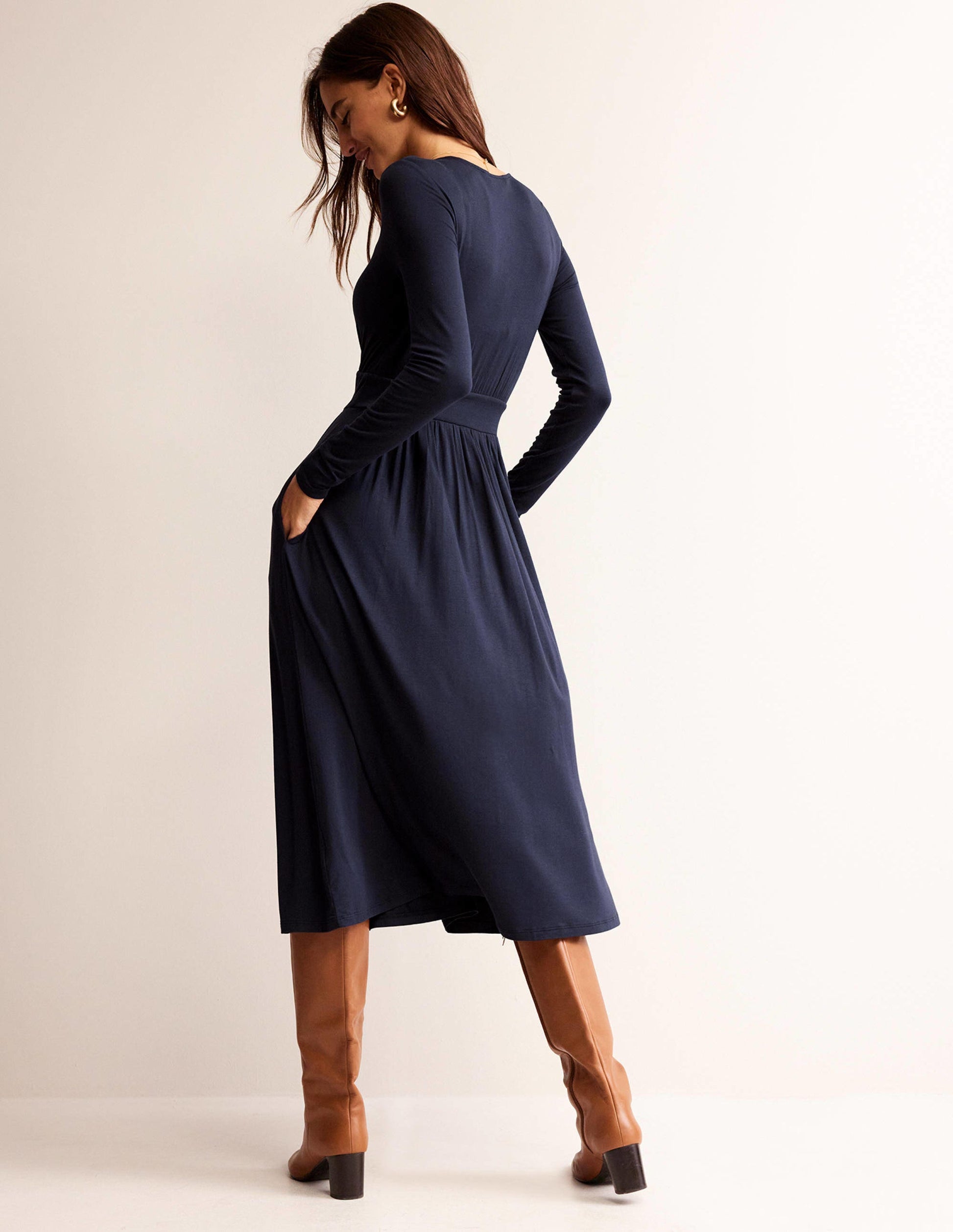Thea Long Sleeve Midi Dress-Navy-3