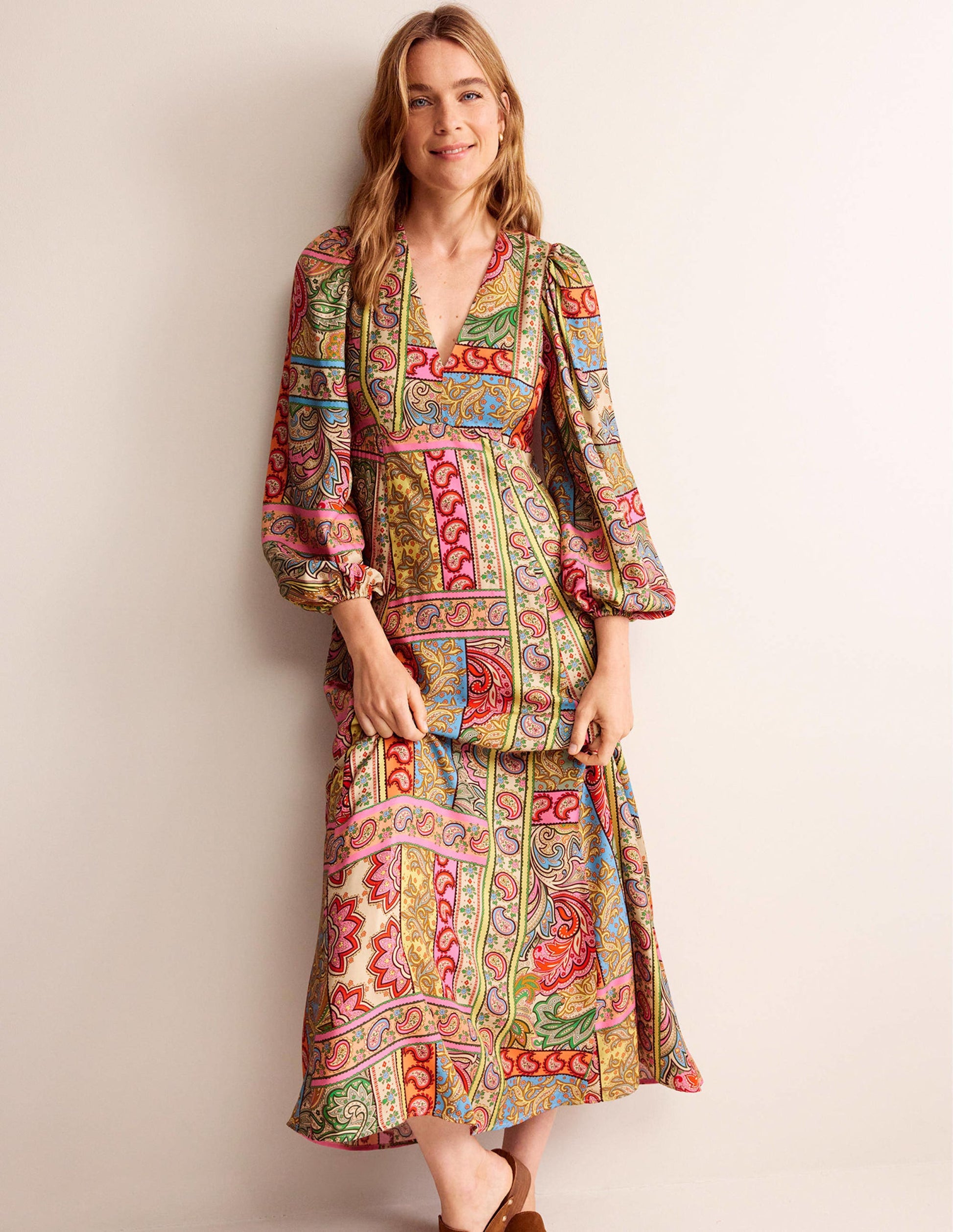 Blouson Sleeve Maxi Tea Dress-Multi, Patchwork-4