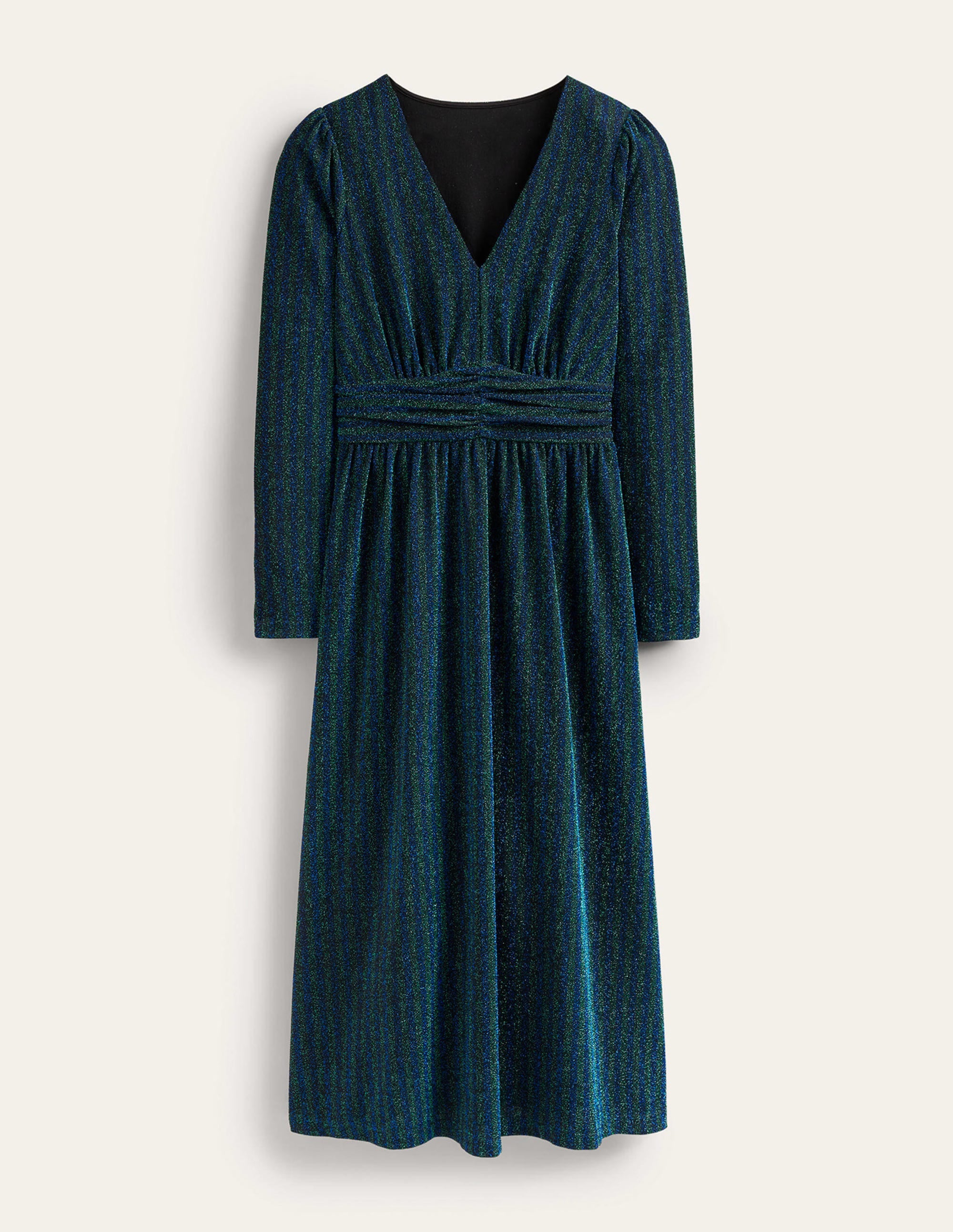 Ruched Sparkle Midi Dress-Green, Navy Stripe - Image 7
