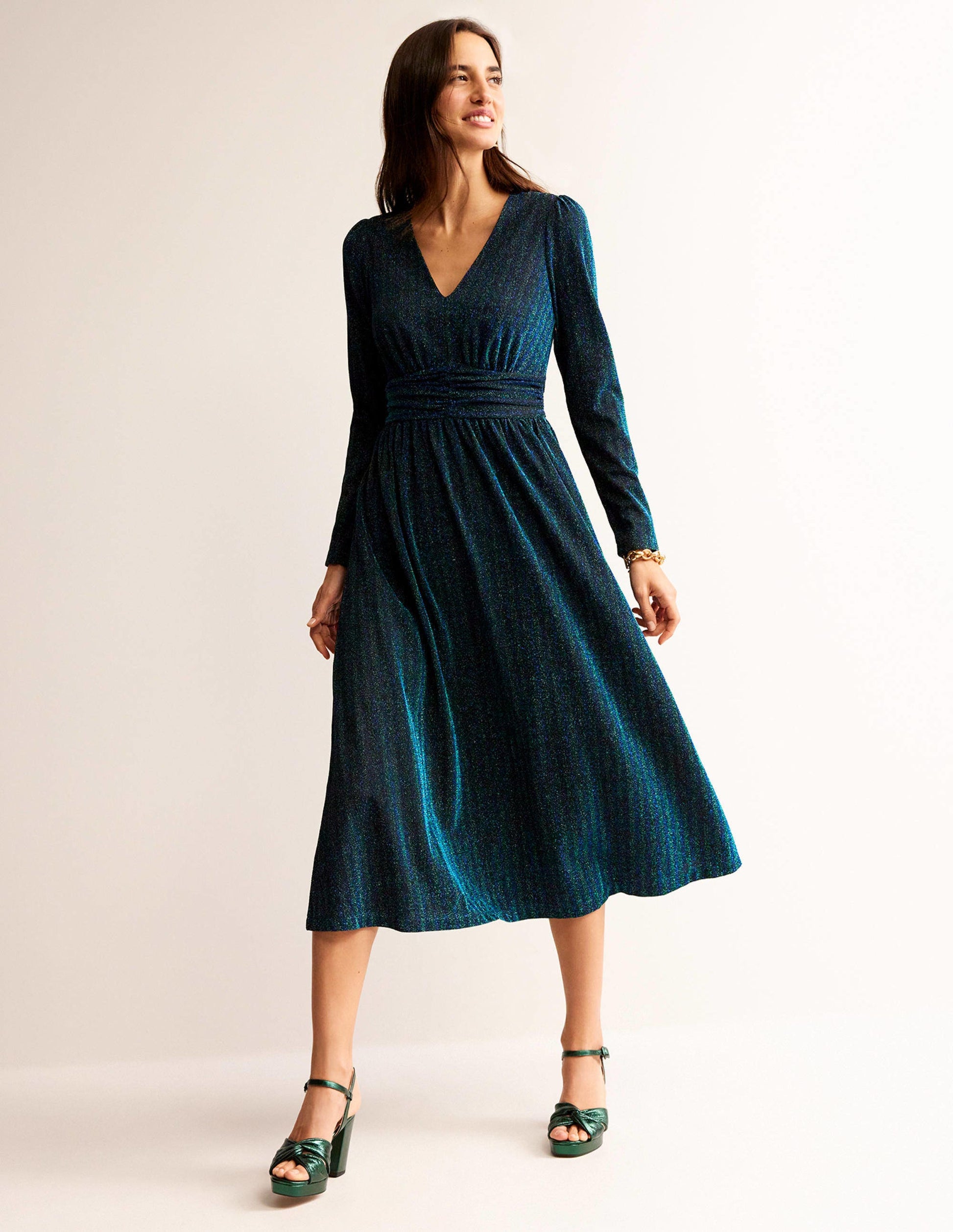 Ruched Sparkle Midi Dress-Green, Navy Stripe-1