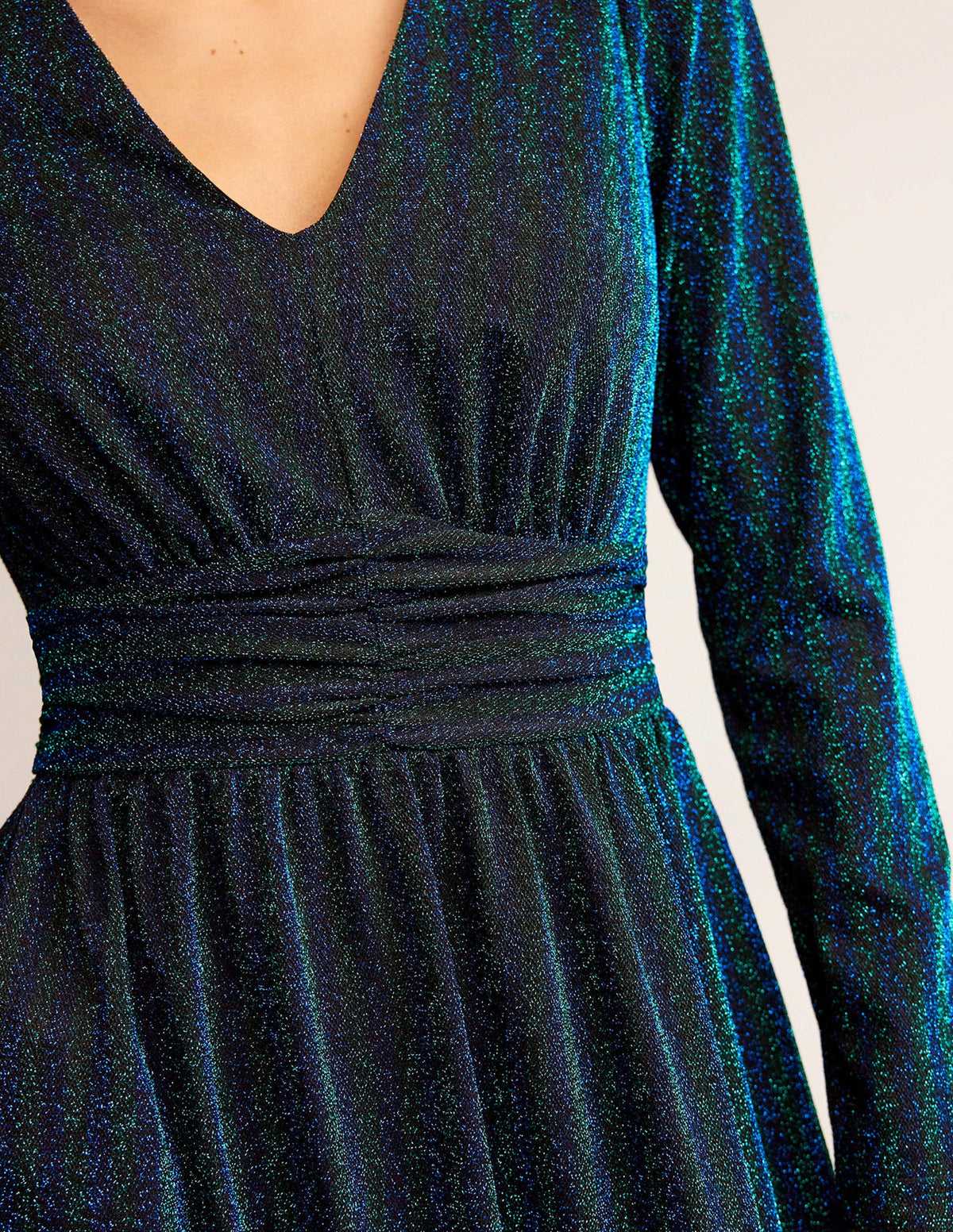 Ruched Sparkle Midi Dress-Green, Navy Stripe - Image 2