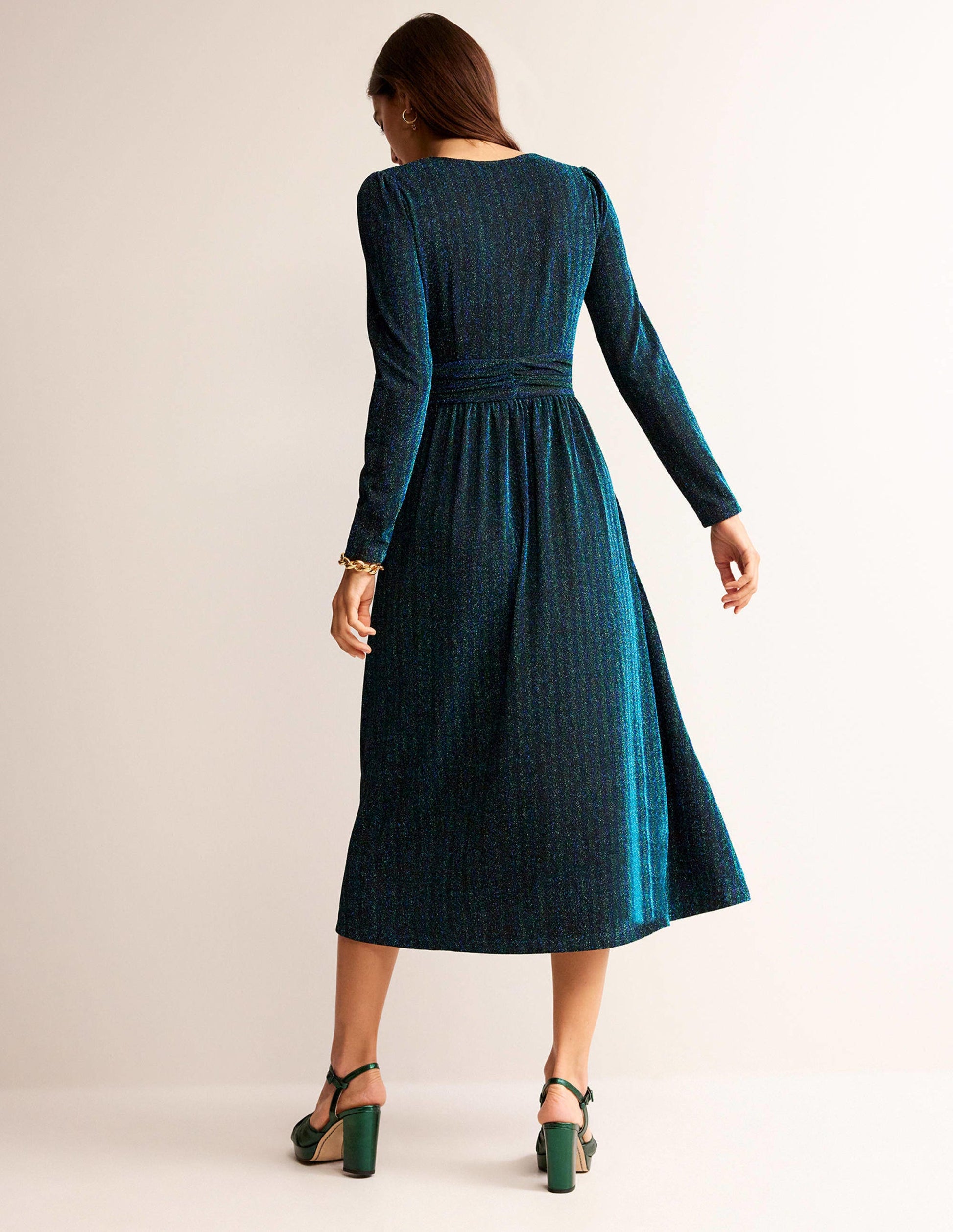 Ruched Sparkle Midi Dress-Green, Navy Stripe-3
