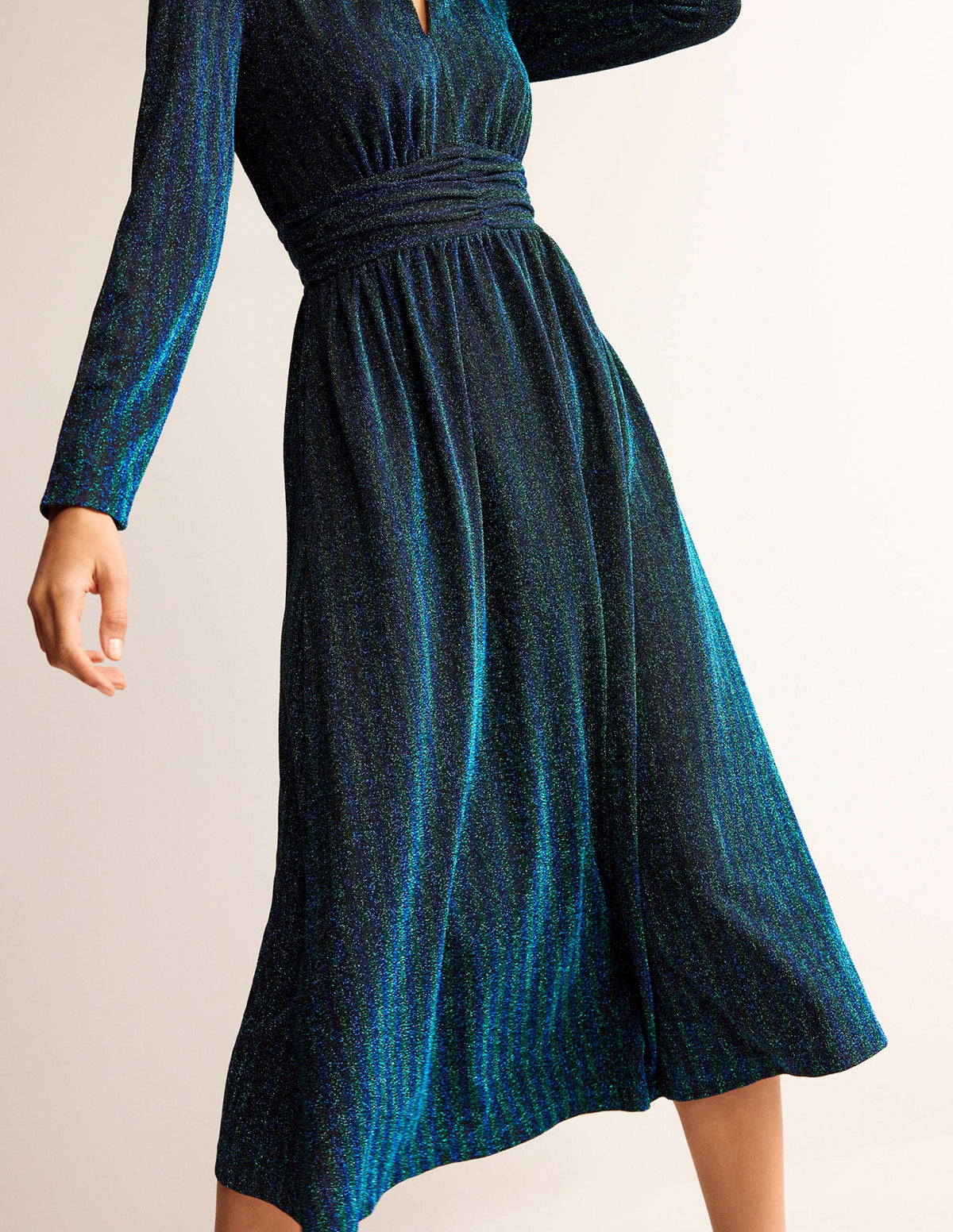 Ruched Sparkle Midi Dress-Green, Navy Stripe - Image 4