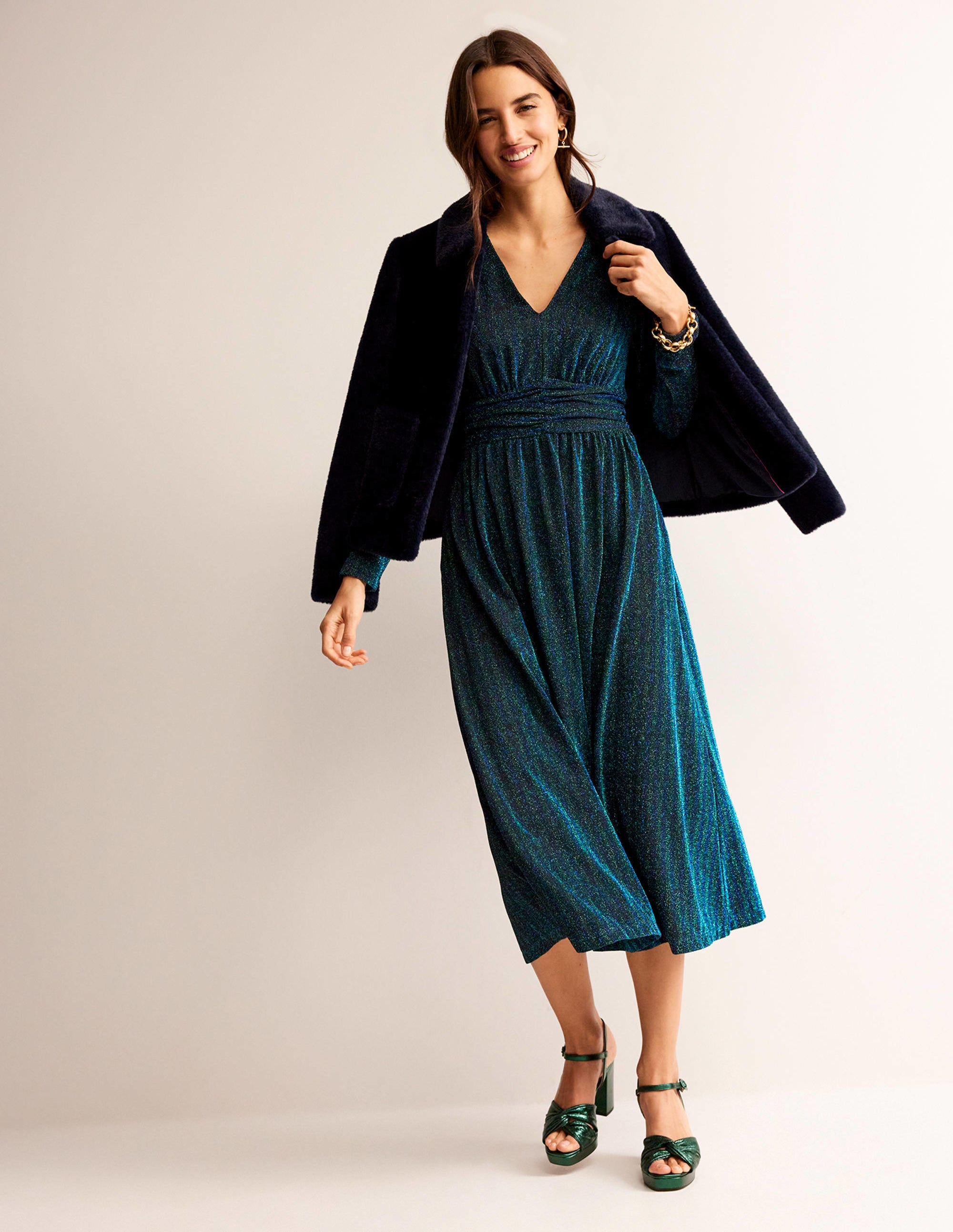 Ruched Sparkle Midi Dress-Green, Navy Stripe - Image 5