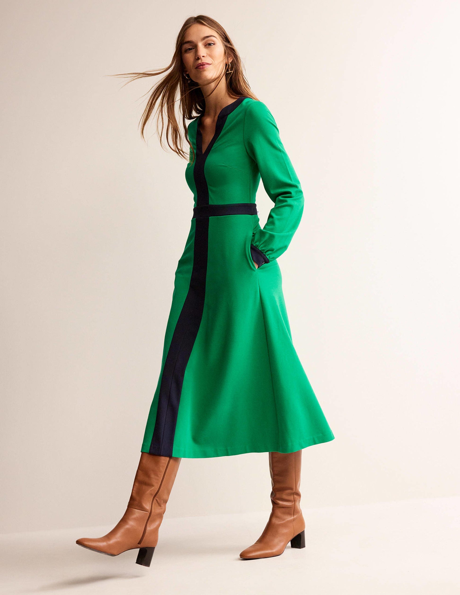 Colour Block V-Neck Midi Dress-Green and Navy-1