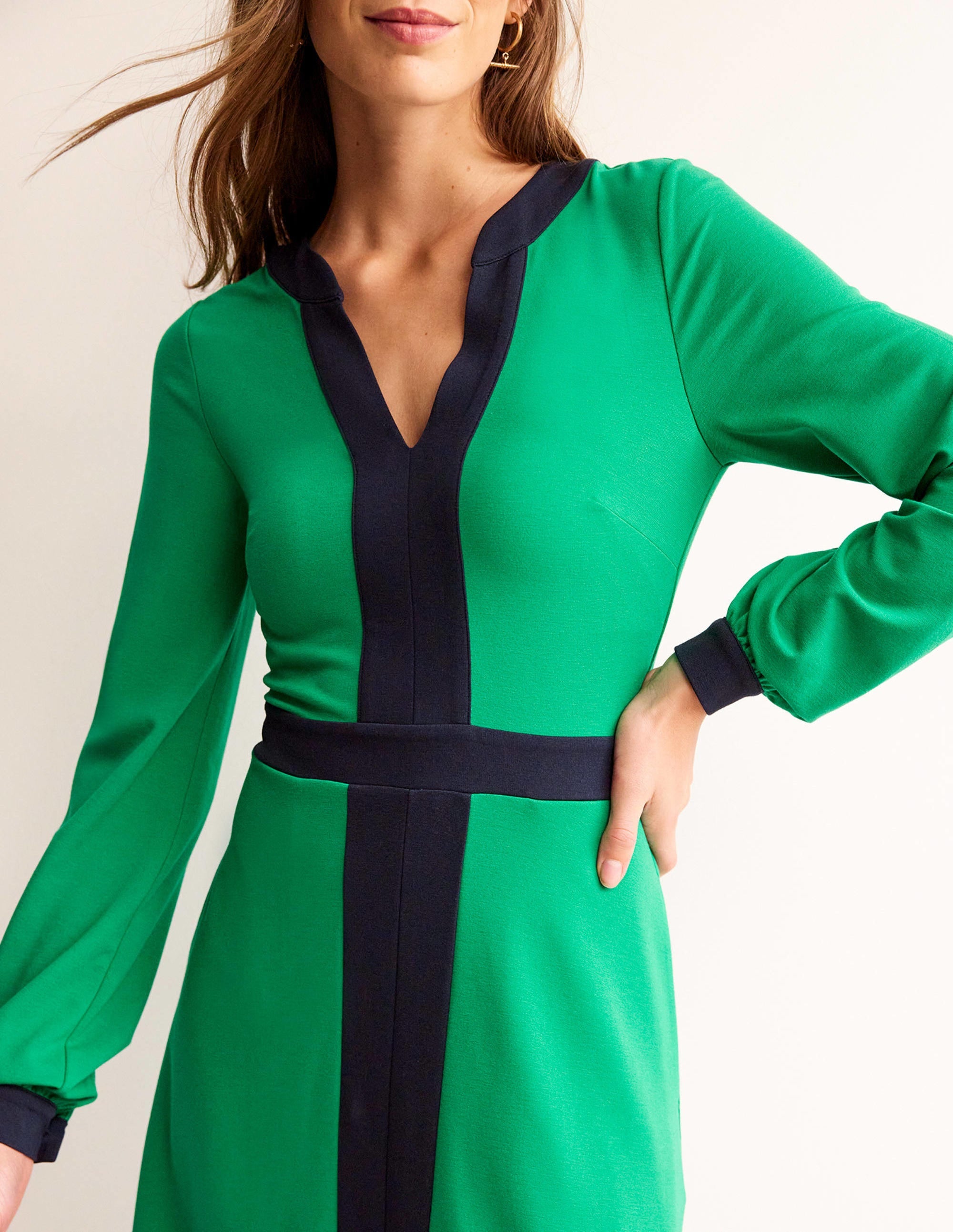 Colour Block V-Neck Midi Dress-Green and Navy - Image 3