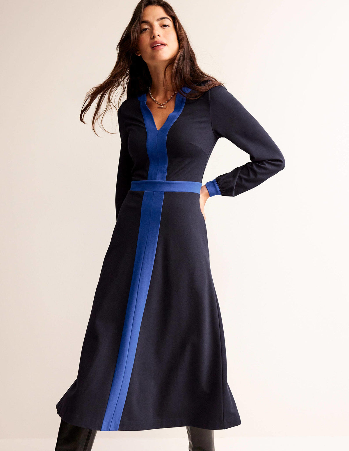 Colour Block V-Neck Midi Dress-Navy and Bright Blue - Image 1