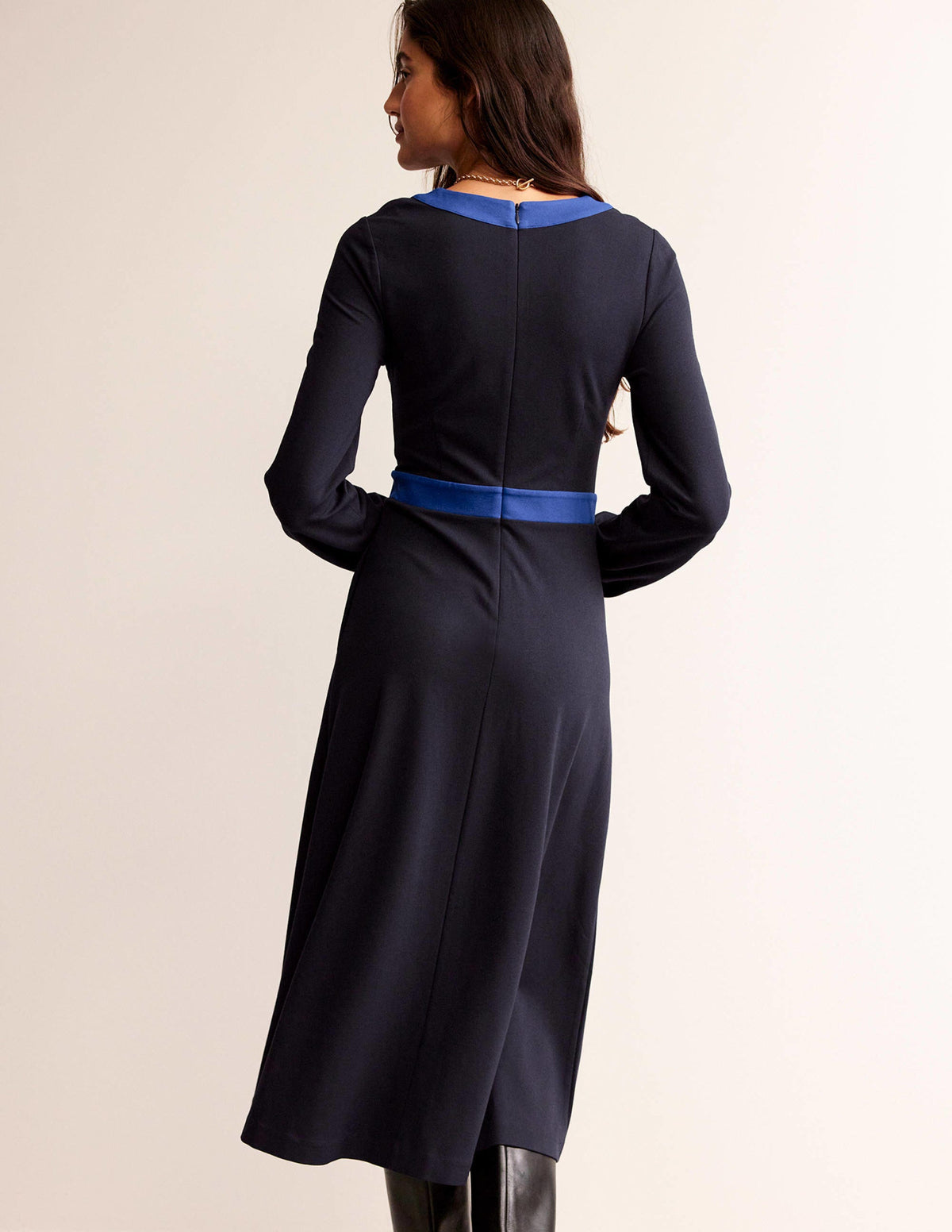 Colour Block V-Neck Midi Dress-Navy and Bright Blue - Image 3
