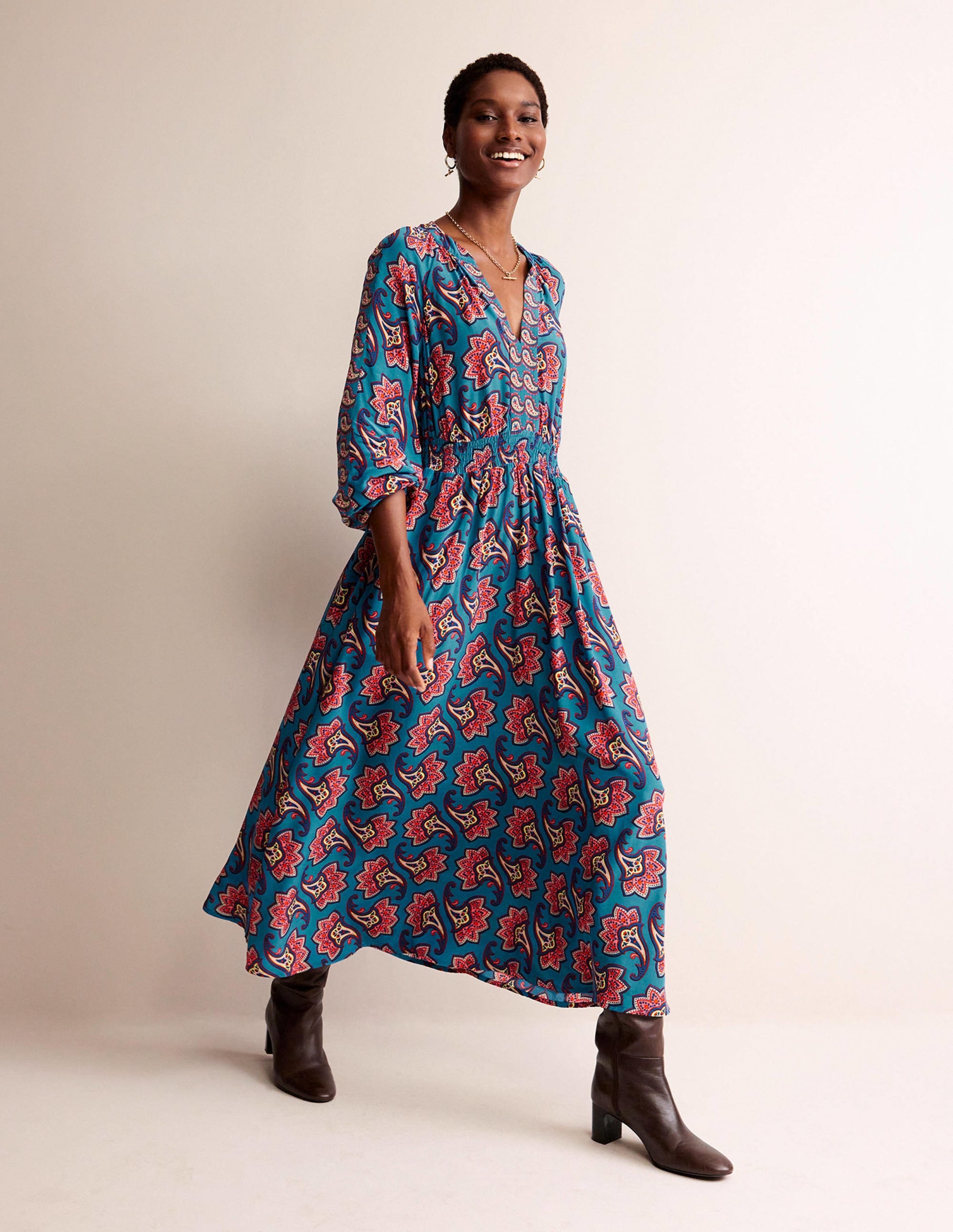 Border Print Raglan Midi Dress-Aegean Blue, Paisley Amaryllis - Image 1