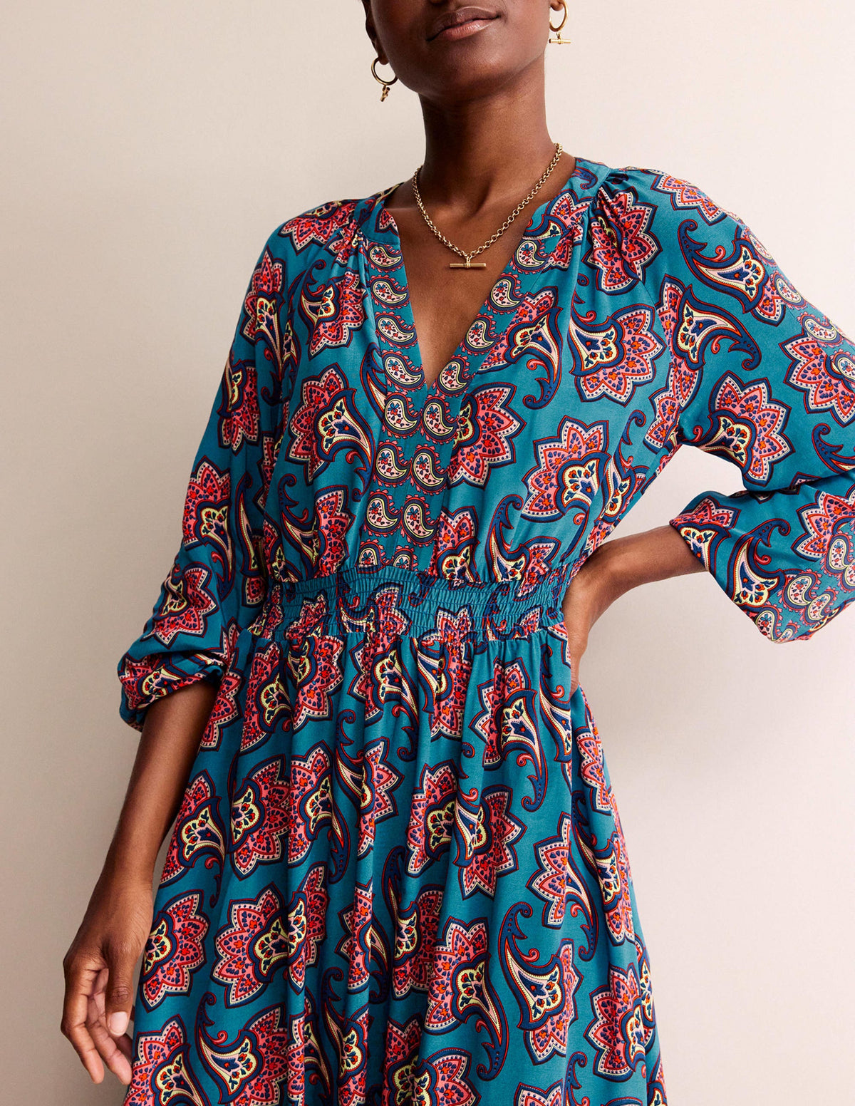 Border Print Raglan Midi Dress-Aegean Blue, Paisley Amaryllis - Image 2