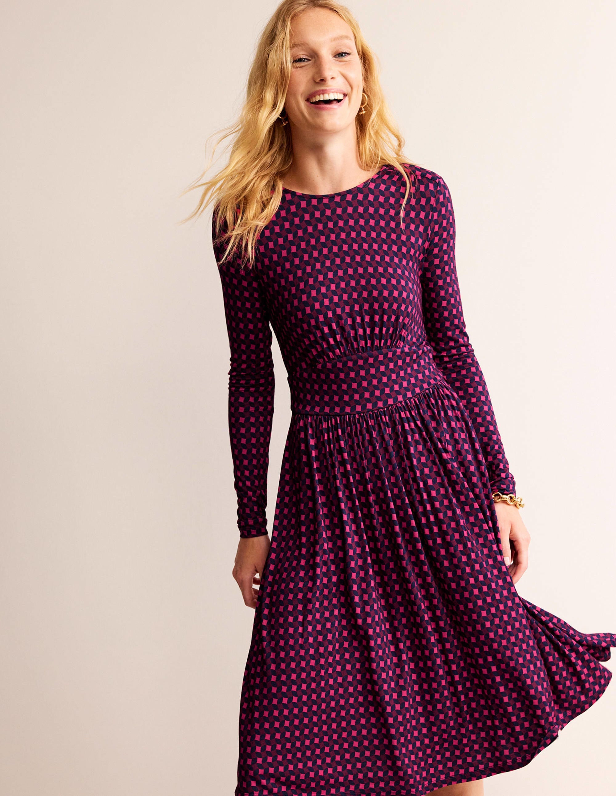 Thea Short Jersey Dress-Vibrant Pink, Abstract Diamond - Image 1