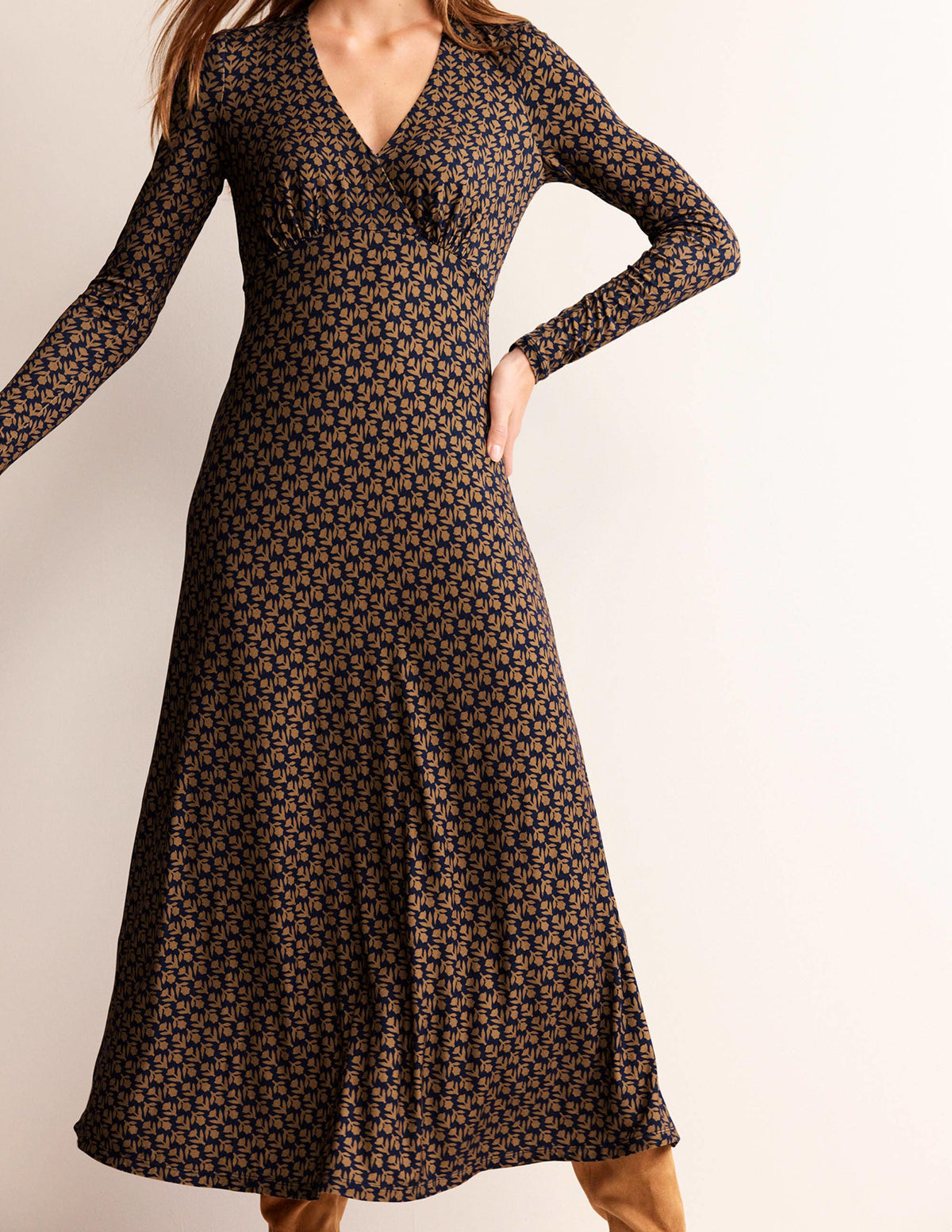 Long Sleeve Jersey Tea Dress-Camel, Tulip Pop - Image 4