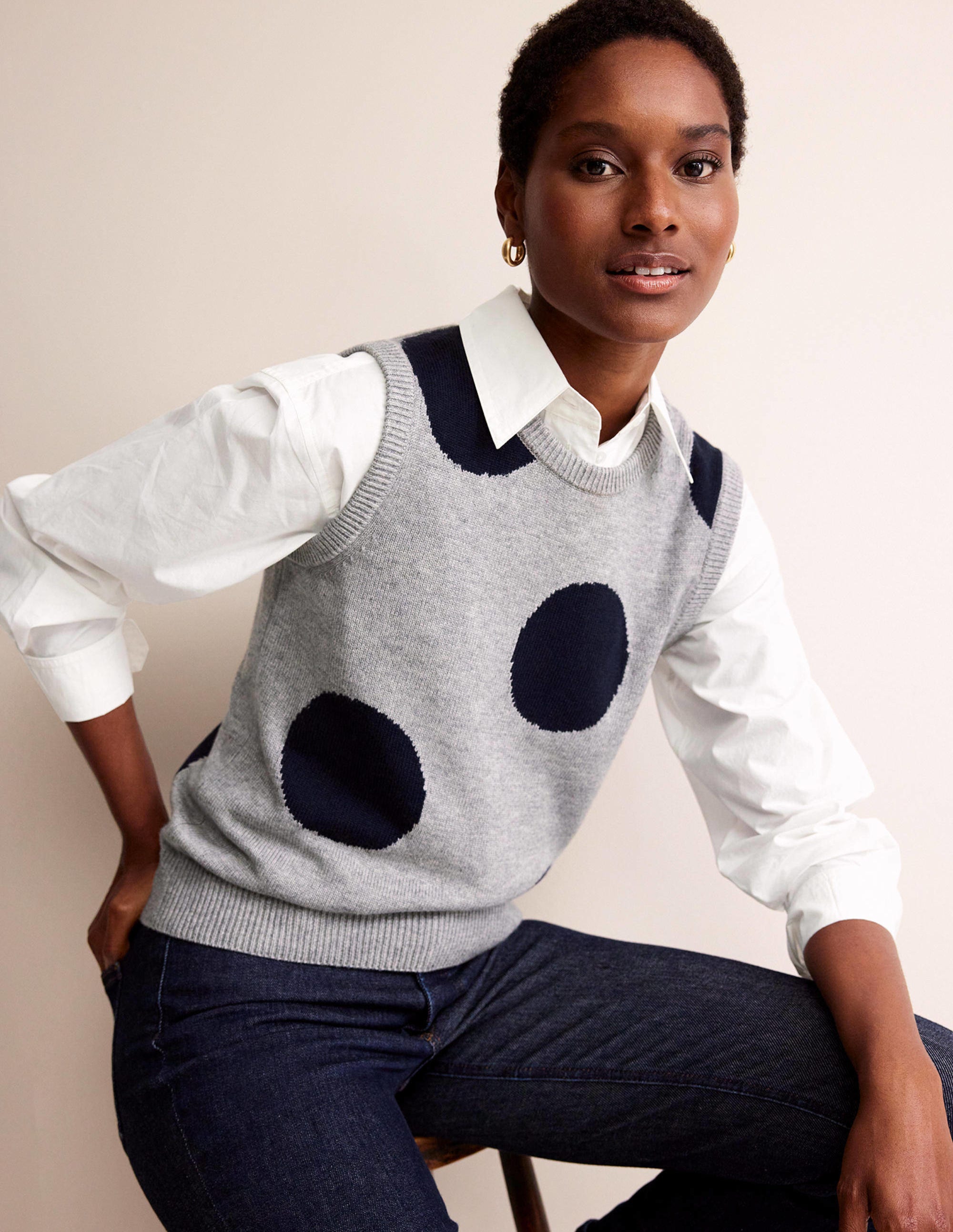 Fiona Sweater Vest-Grey Melange, Navy Spot - Image 1