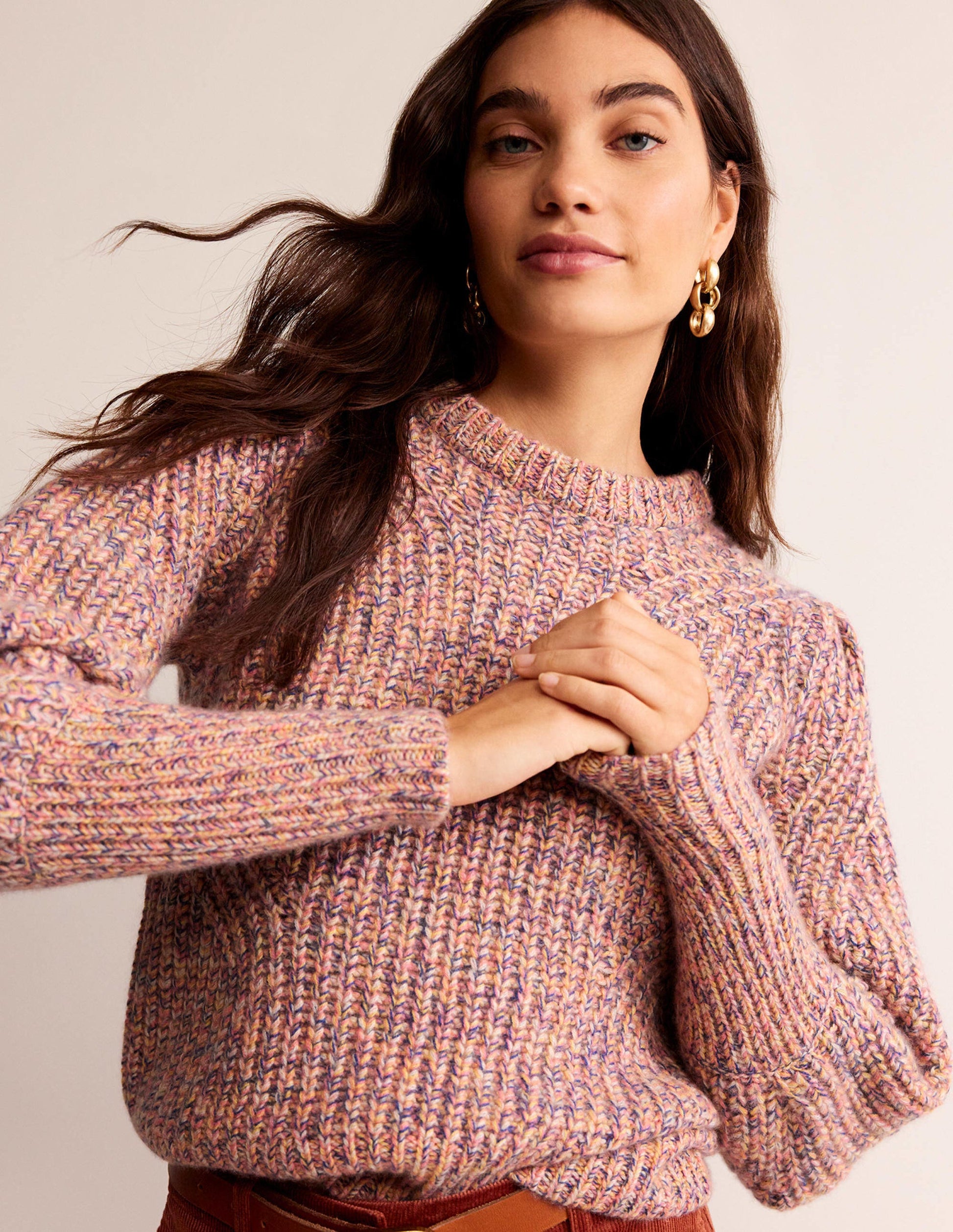 Chunky Rib Cashmere Sweater-Dusky Rose Marl-1