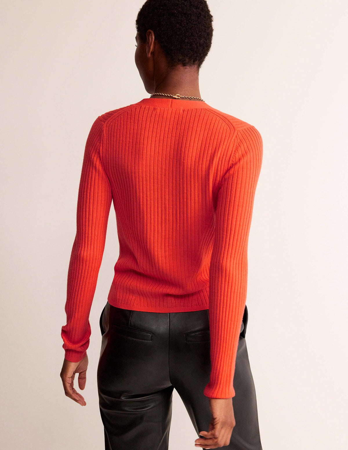 Ribbed Merino V Cardigan-Vermillion Red-3