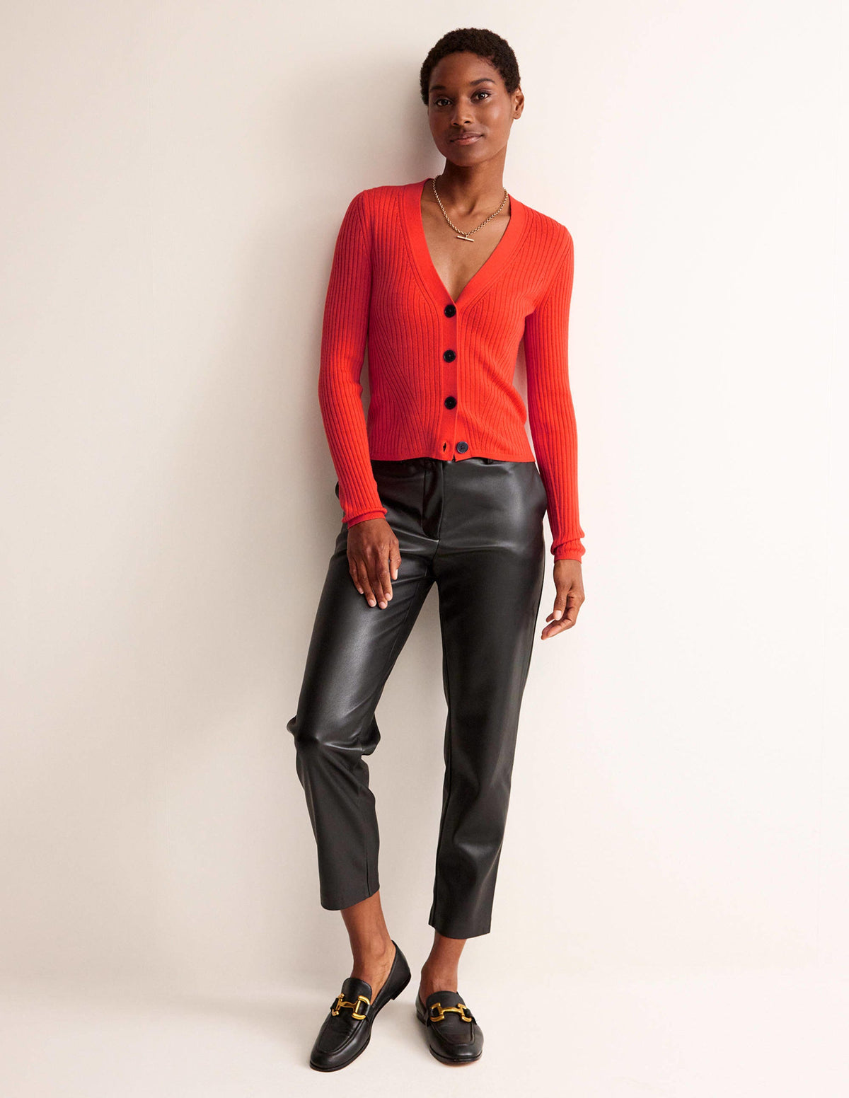 Ribbed Merino V Cardigan-Vermillion Red - Image 4