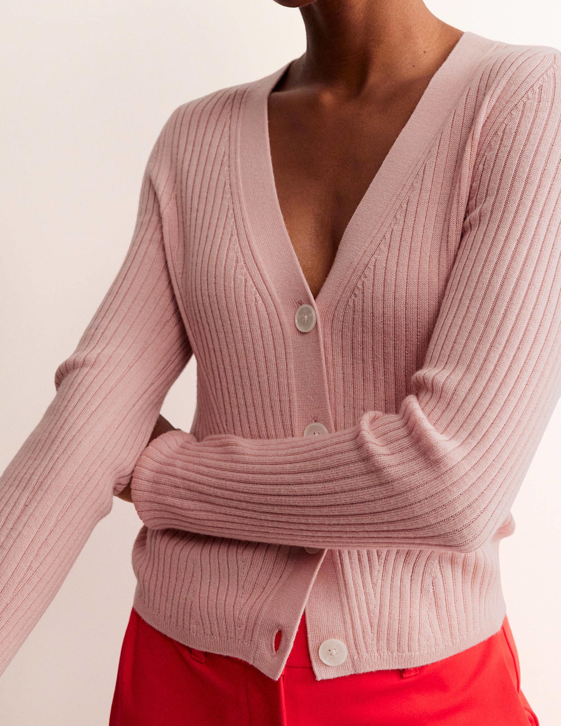 Ribbed Merino V Cardigan-Chalk Pink-2