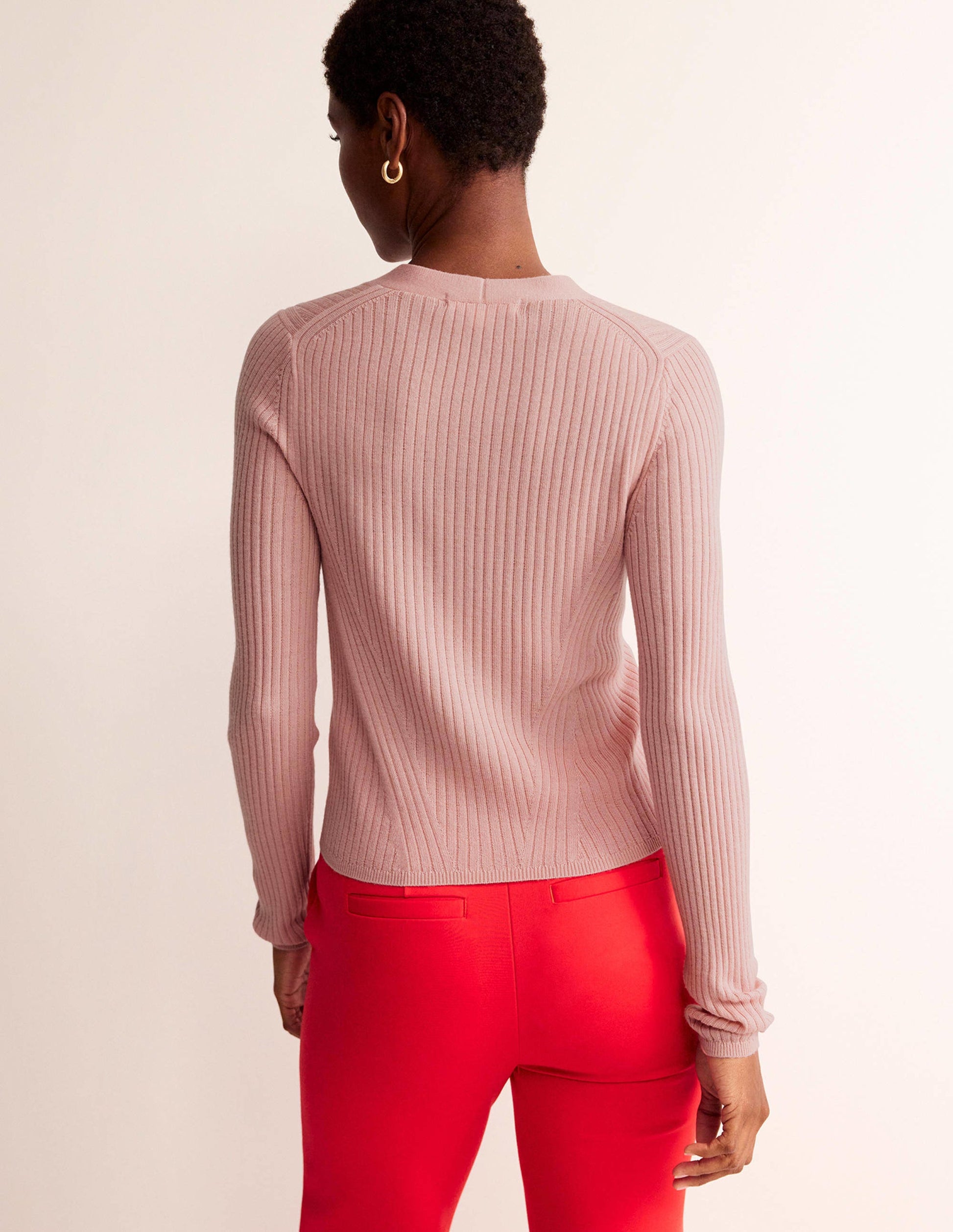 Ribbed Merino V Cardigan-Chalk Pink-3