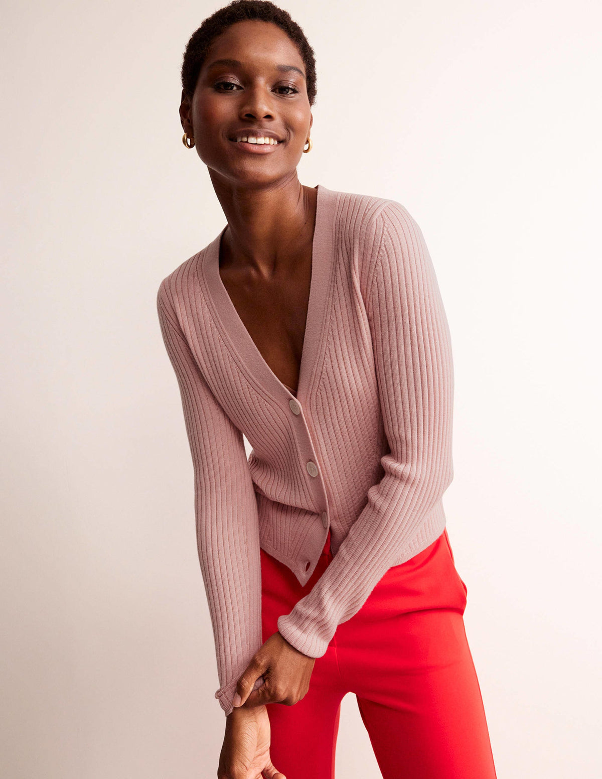 Ribbed Merino V Cardigan-Chalk Pink-4