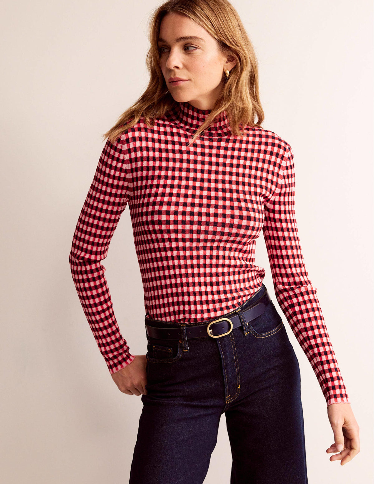 Fitted Check Sweater-Hot Pepper, Marshmallow - Image 1