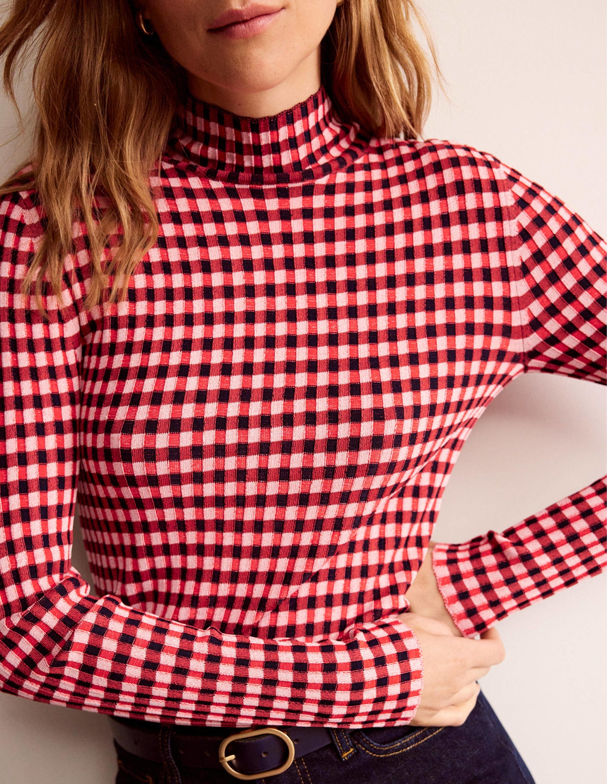 Fitted Check Sweater-Hot Pepper, Marshmallow-2