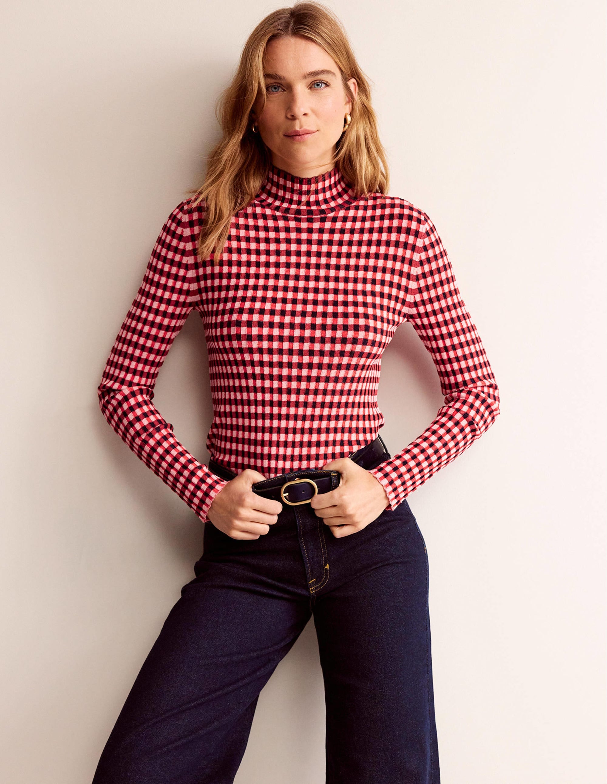 Fitted Check Sweater-Hot Pepper, Marshmallow - Image 4