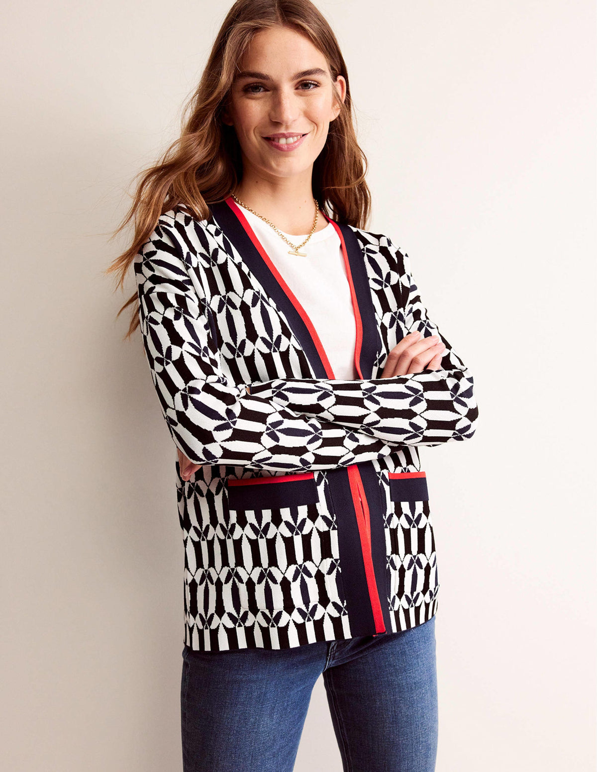Jacquard Cardigan-Black and Ivory, Geometric-1