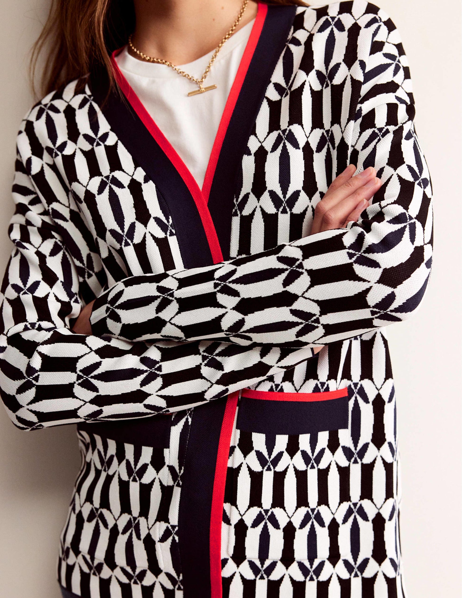Jacquard Cardigan-Black and Ivory, Geometric-2