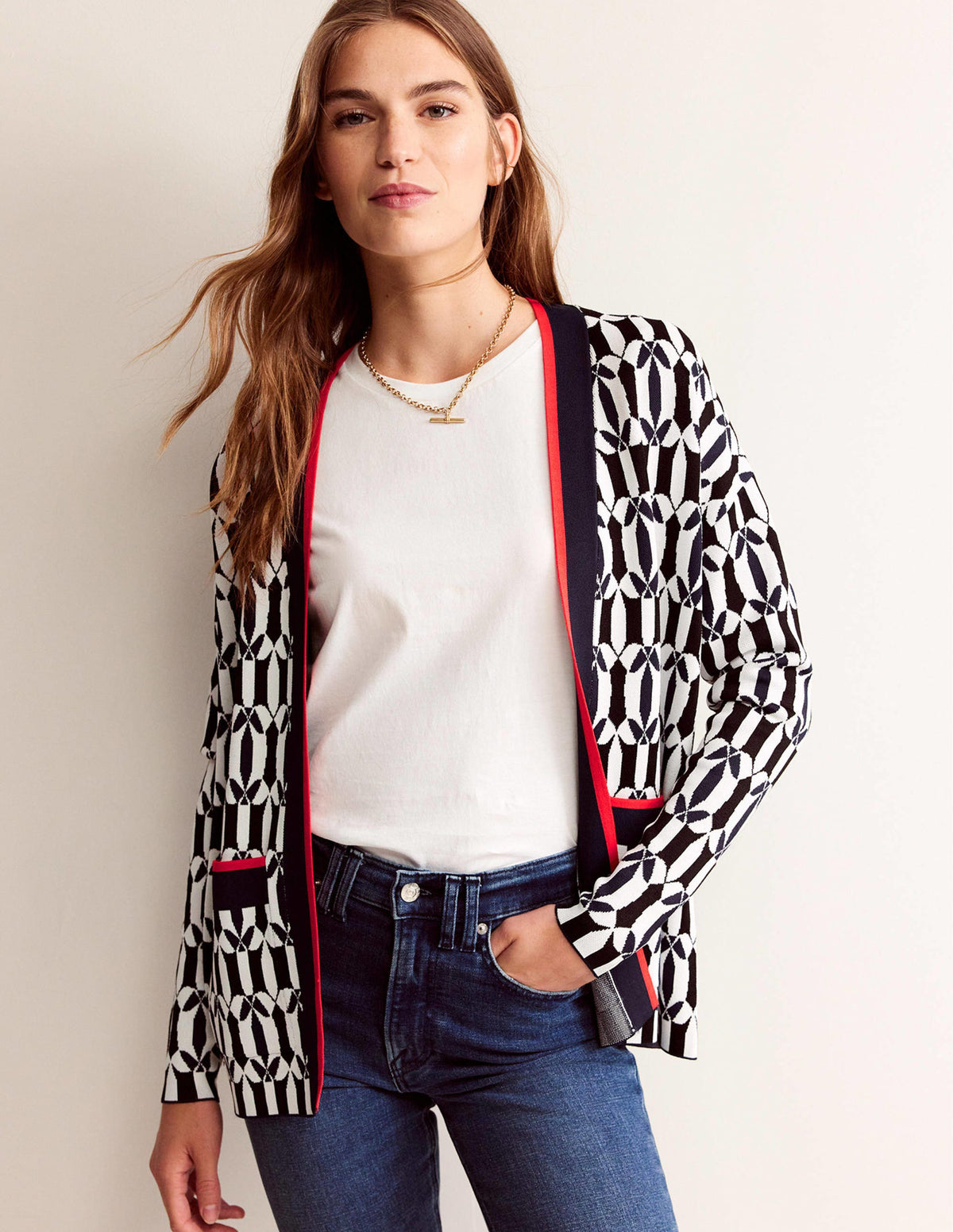 Jacquard Cardigan-Black and Ivory, Geometric-4