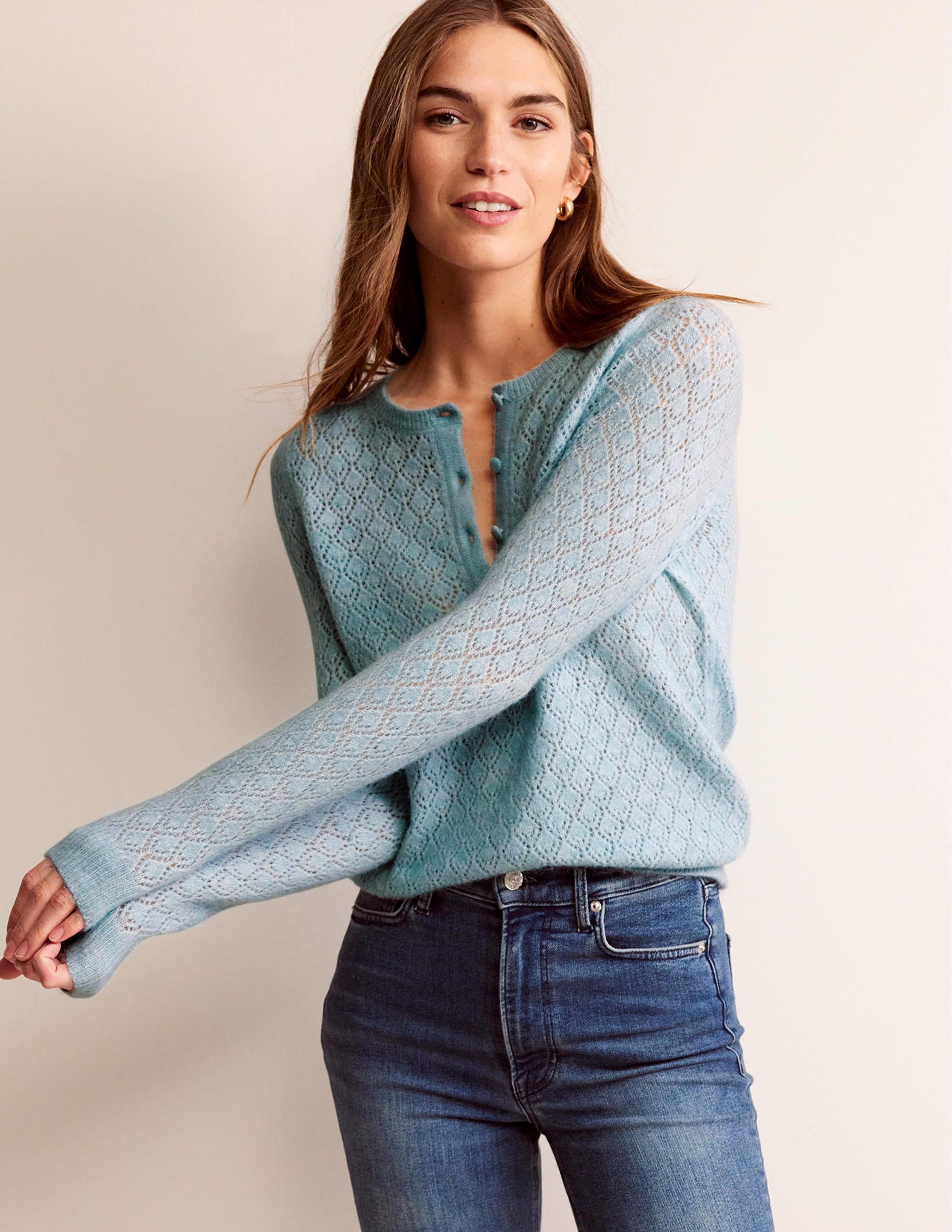 Fluffy Henley Pointelle Jumper-Gulf Stream - Image 4