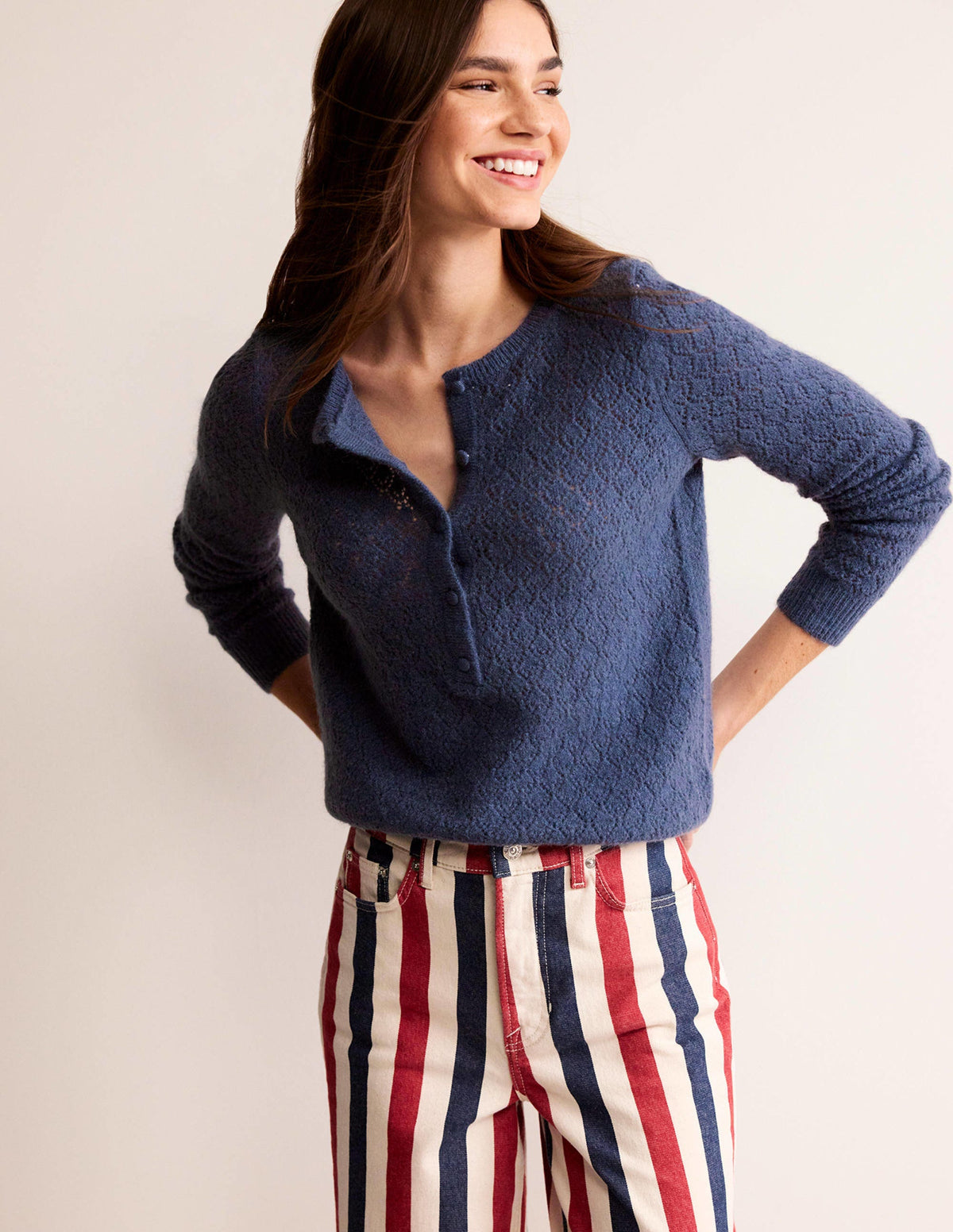 Fluffy Henley Pointelle Jumper-Nightshadow Blue - Image 1