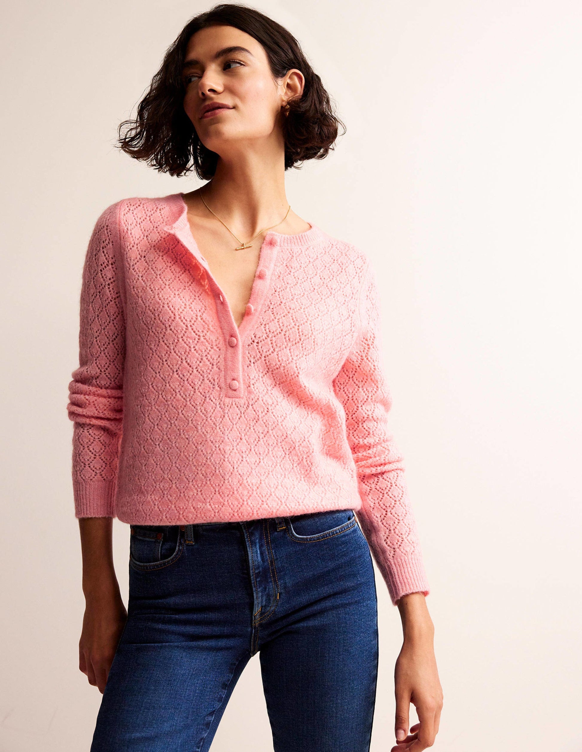 Fluffy Henley Pointelle Jumper-Dahlia Pink-1