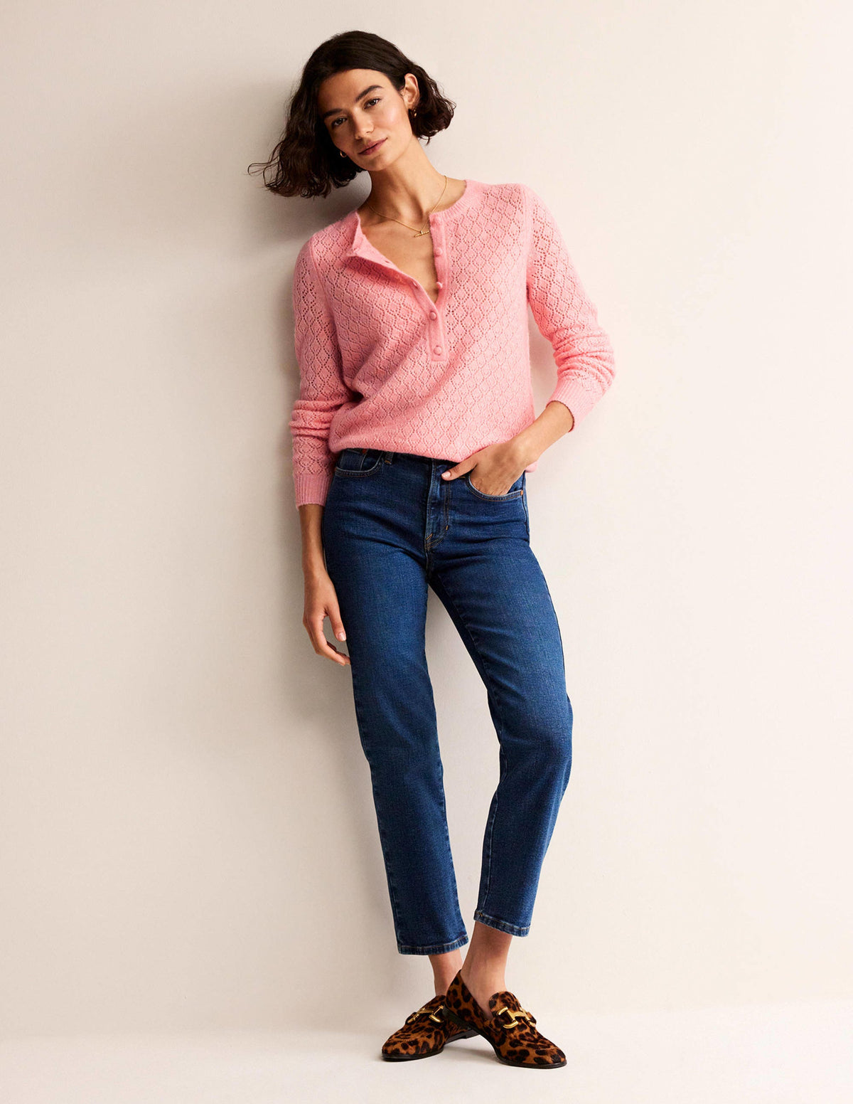 Fluffy Henley Pointelle Jumper-Dahlia Pink - Image 4