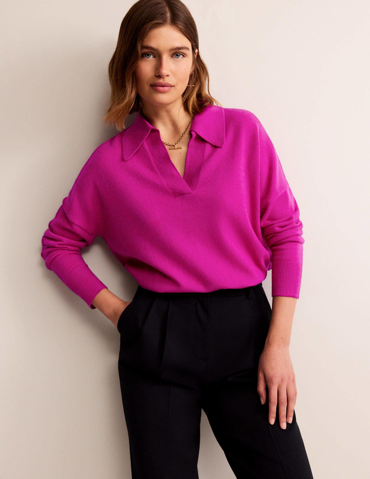 Collared Cashmere Henley-Magenta - Image 1