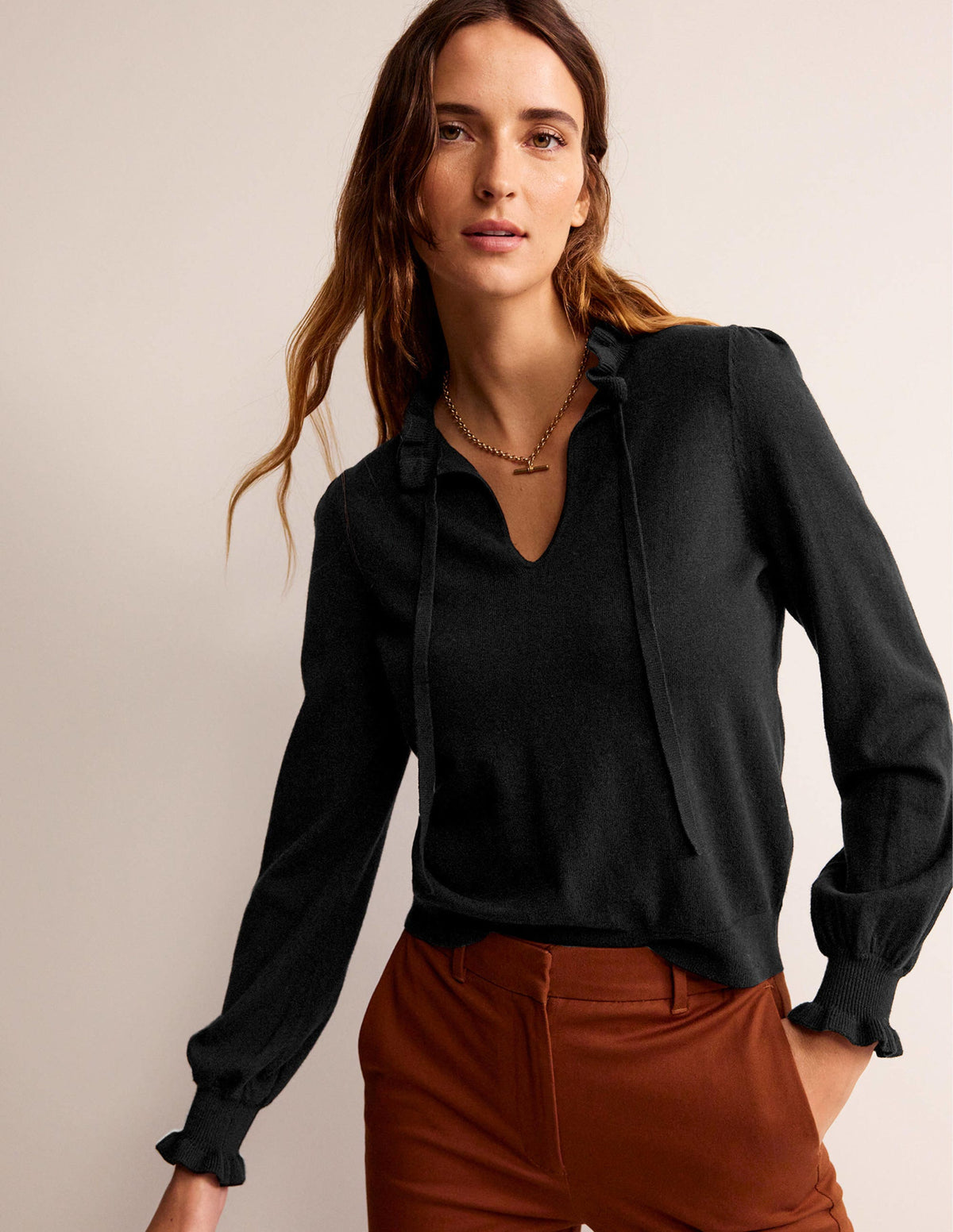 Ruffle Tie-Neck Sweater-Black - Image 1