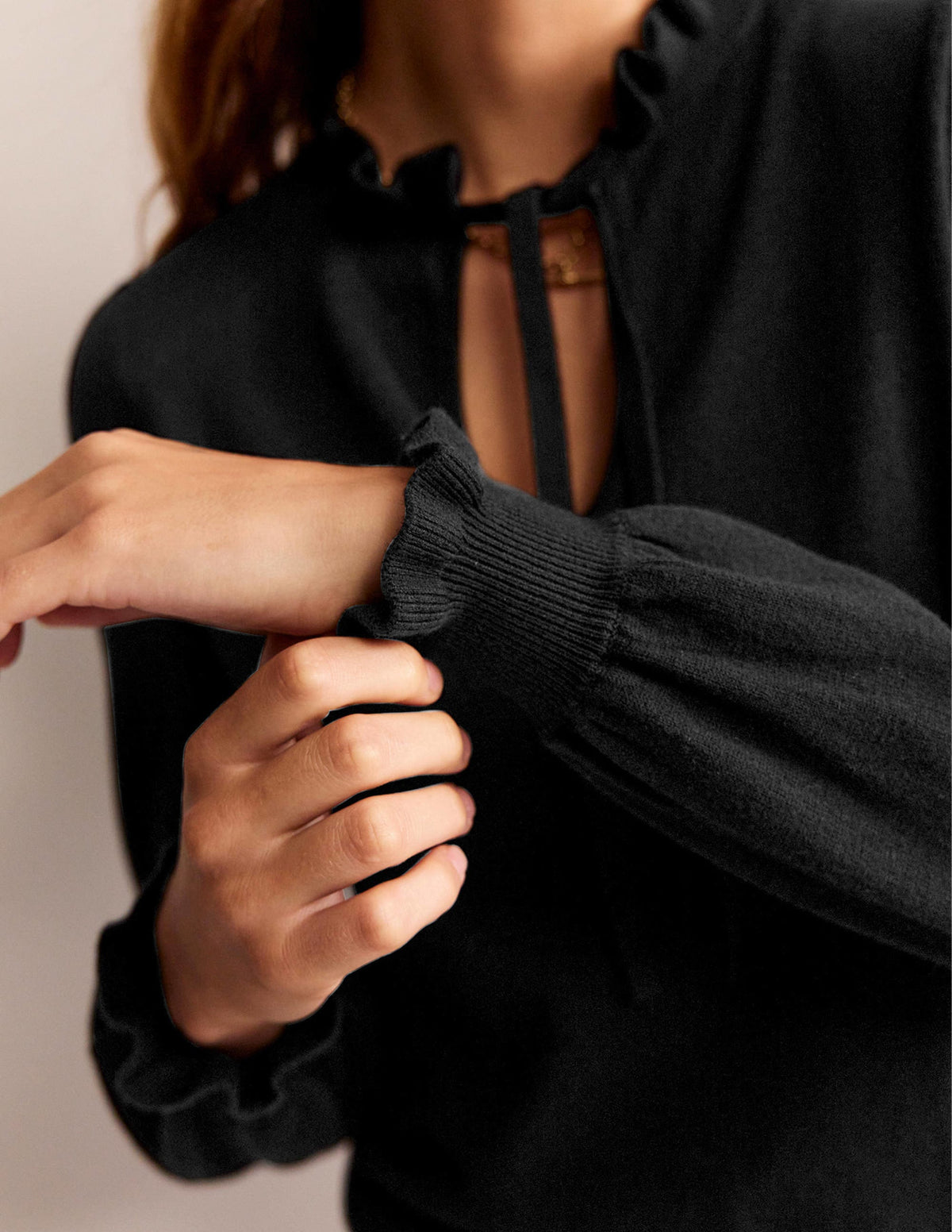 Ruffle Tie-Neck Sweater-Black-2