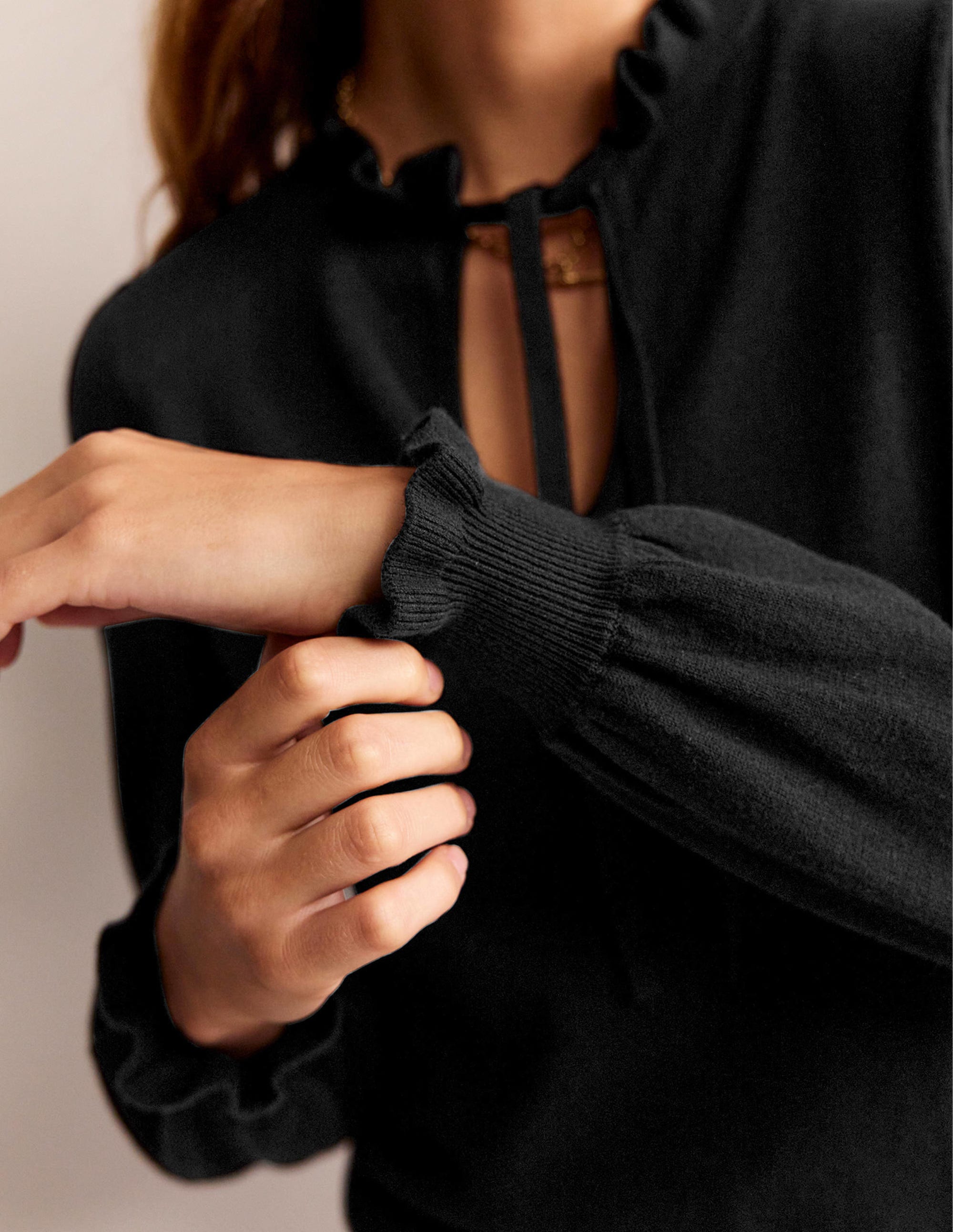 Ruffle Tie-Neck Sweater-Black - Image 2