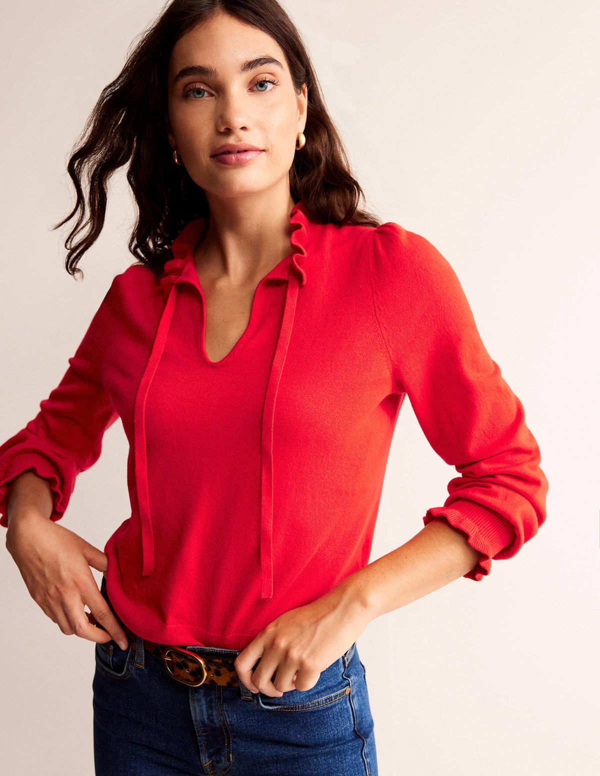 Ruffle Tie-Neck Sweater-Brilliant Red - Image 1