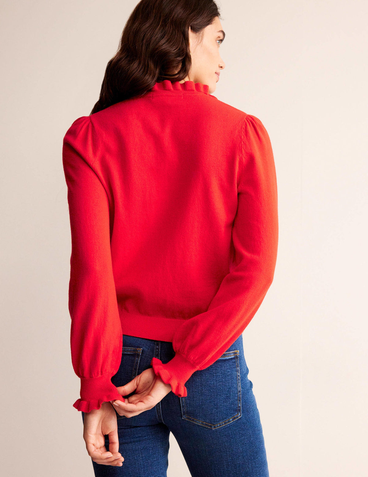 Ruffle Tie-Neck Sweater-Brilliant Red - Image 3