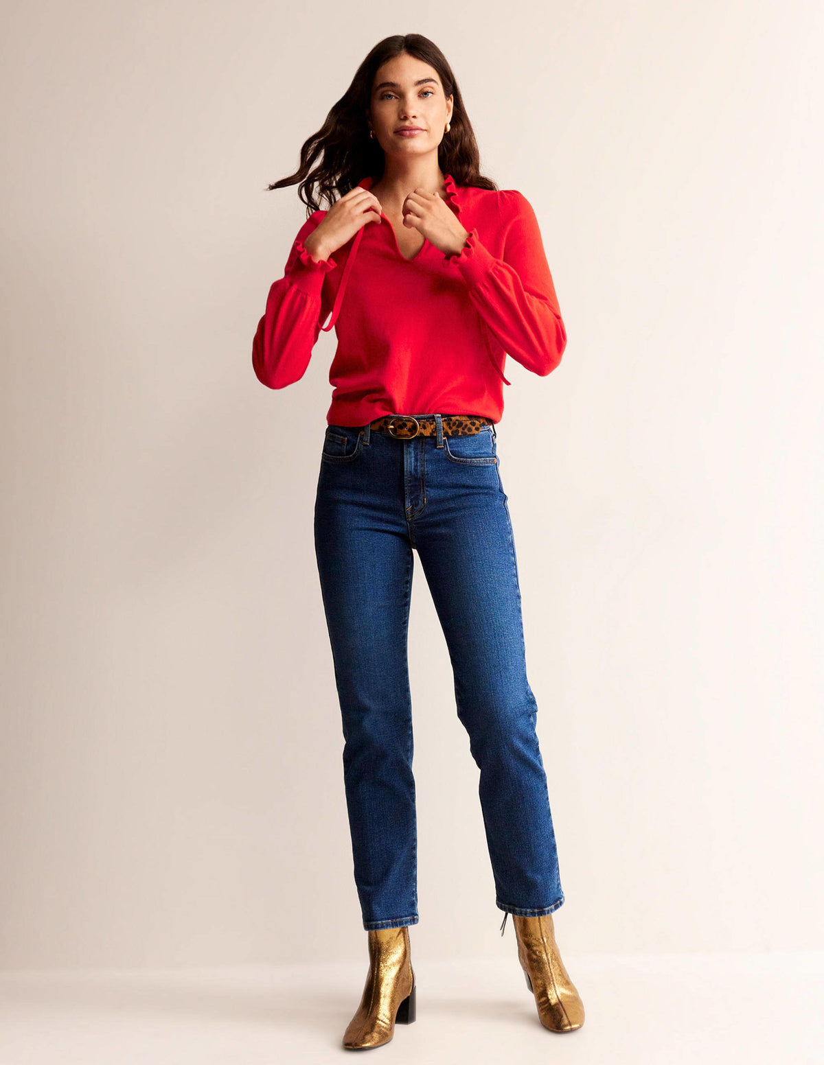 Ruffle Tie-Neck Sweater-Brilliant Red-4