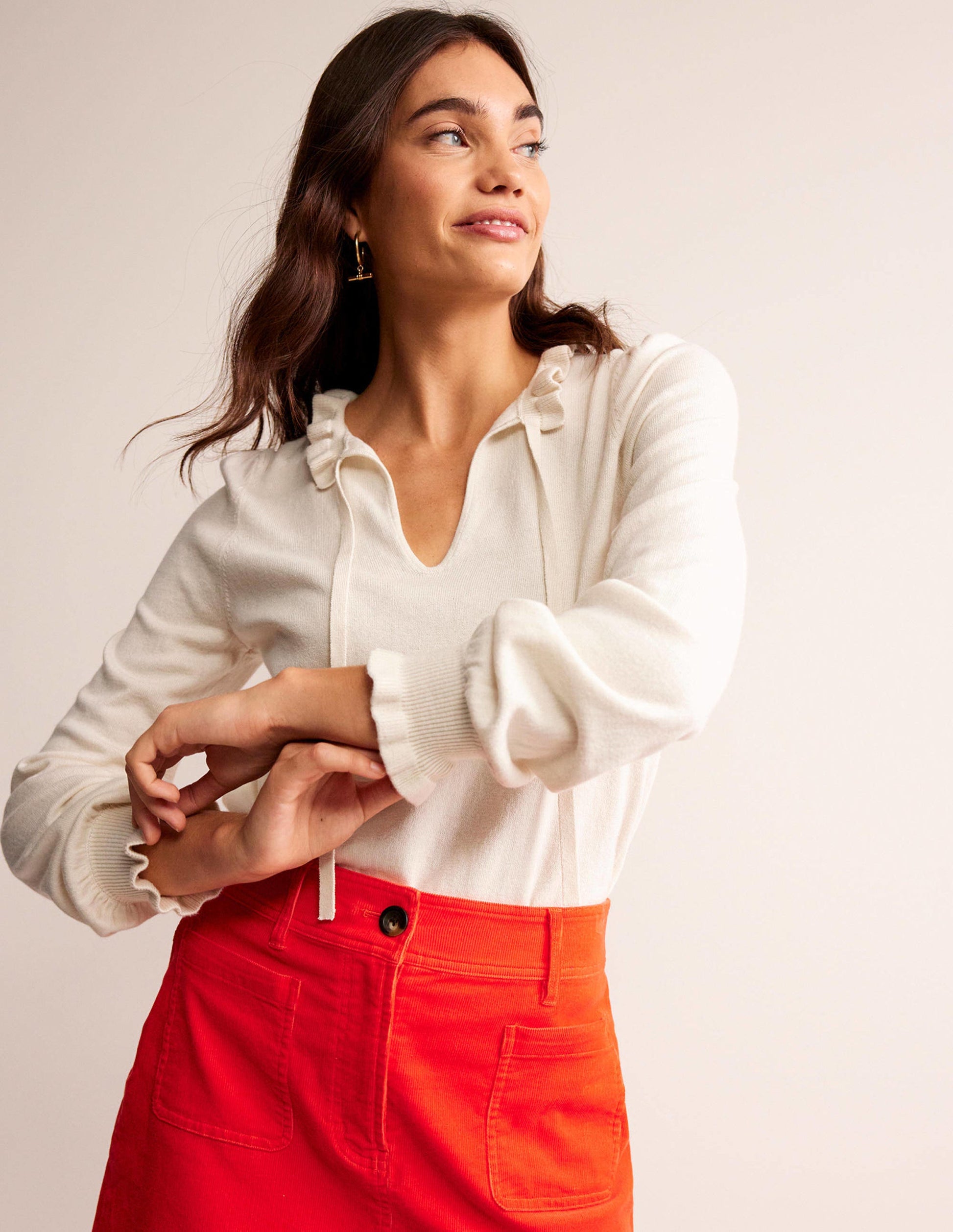 Ruffle Tie-Neck Sweater-Ivory-1