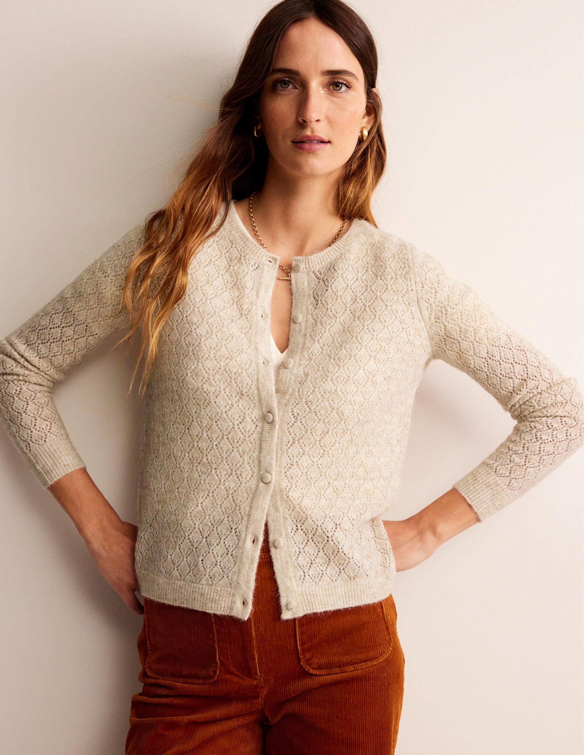 Fluffy Pointelle Cardigan-Oatmeal Melange - Image 4
