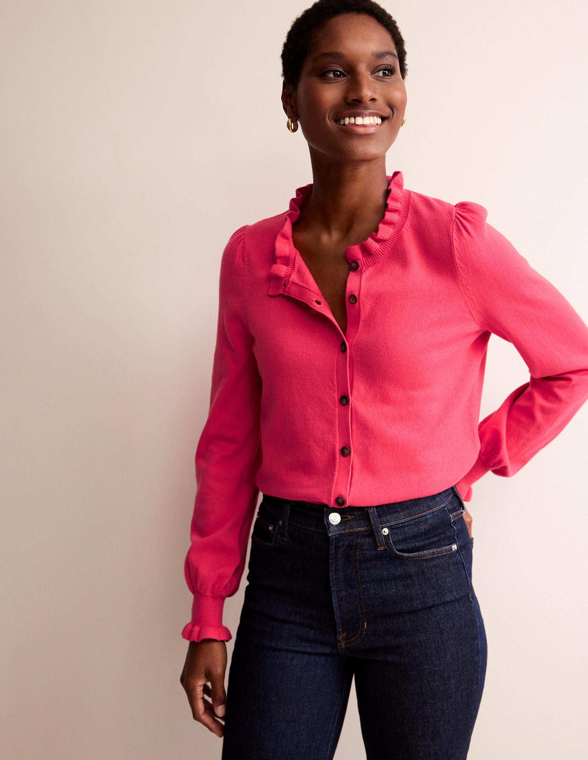 Ruffle-Neck Cardigan-Raspberry-1
