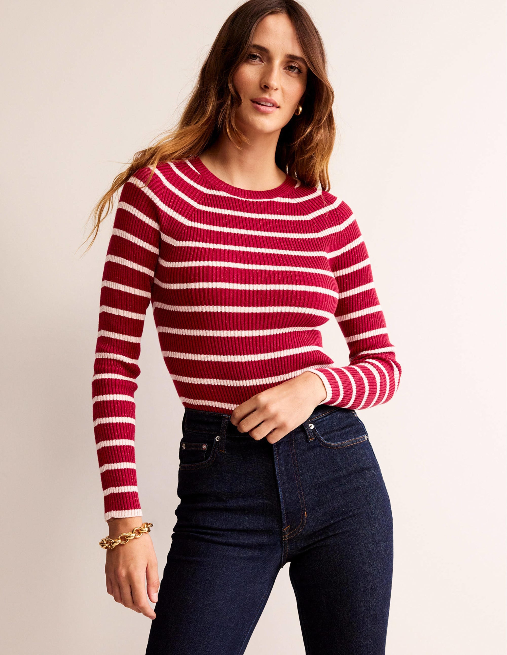 Effie Sparkle Stripe Sweater-Red, Chalky Pink Stripe - Image 1