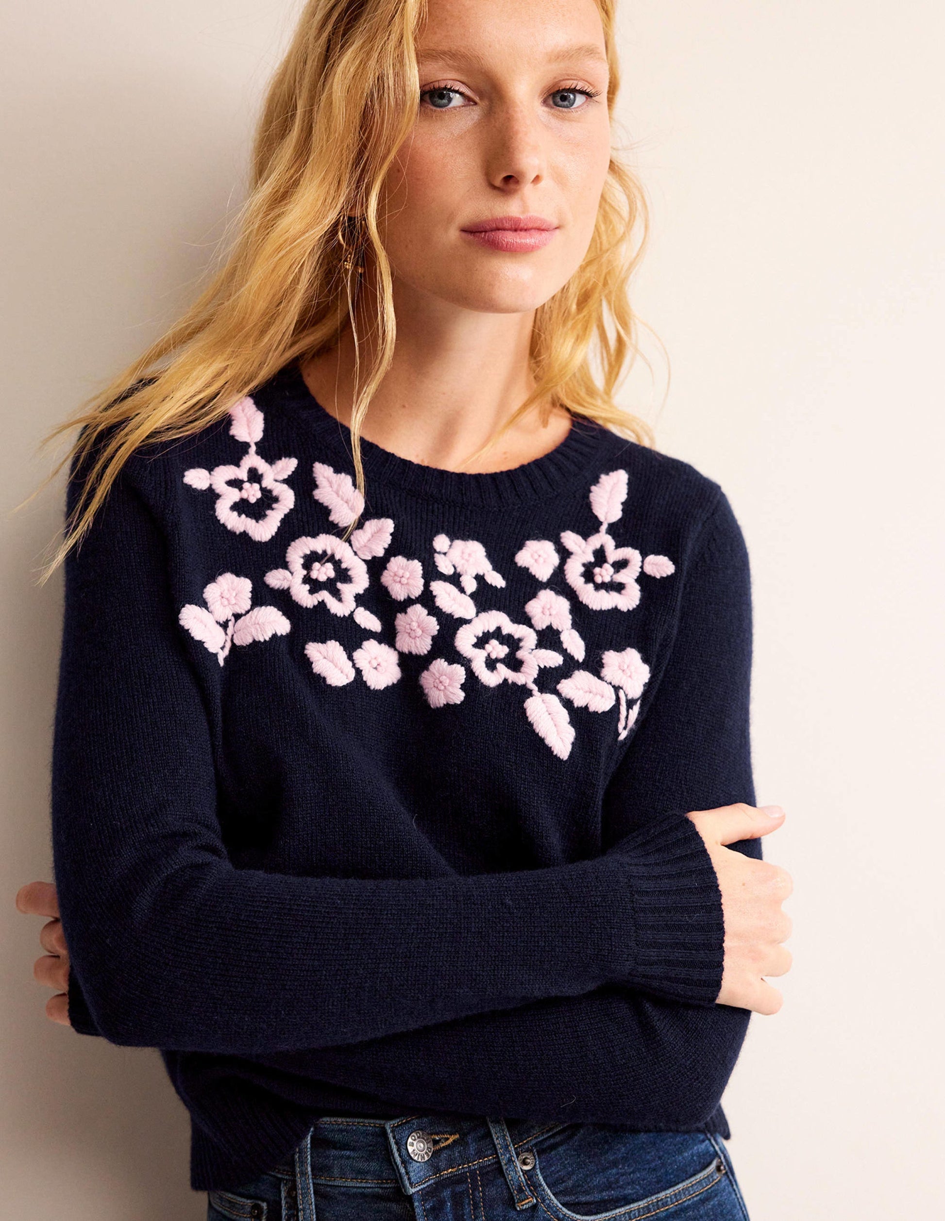 Embroidered Crew-Neck Sweater-Navy-2