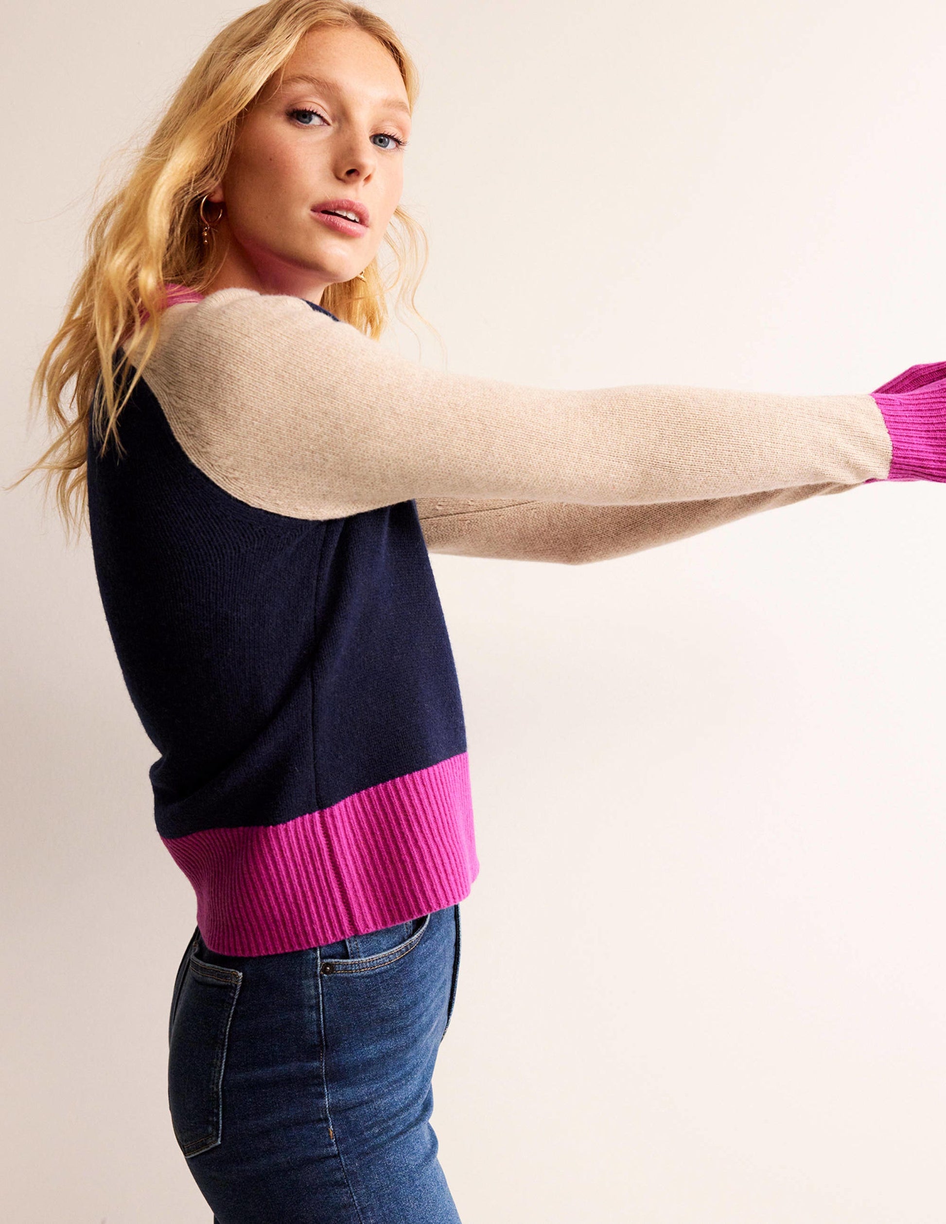 Olivia Merino Cardigan-French Navy Colourblock-1
