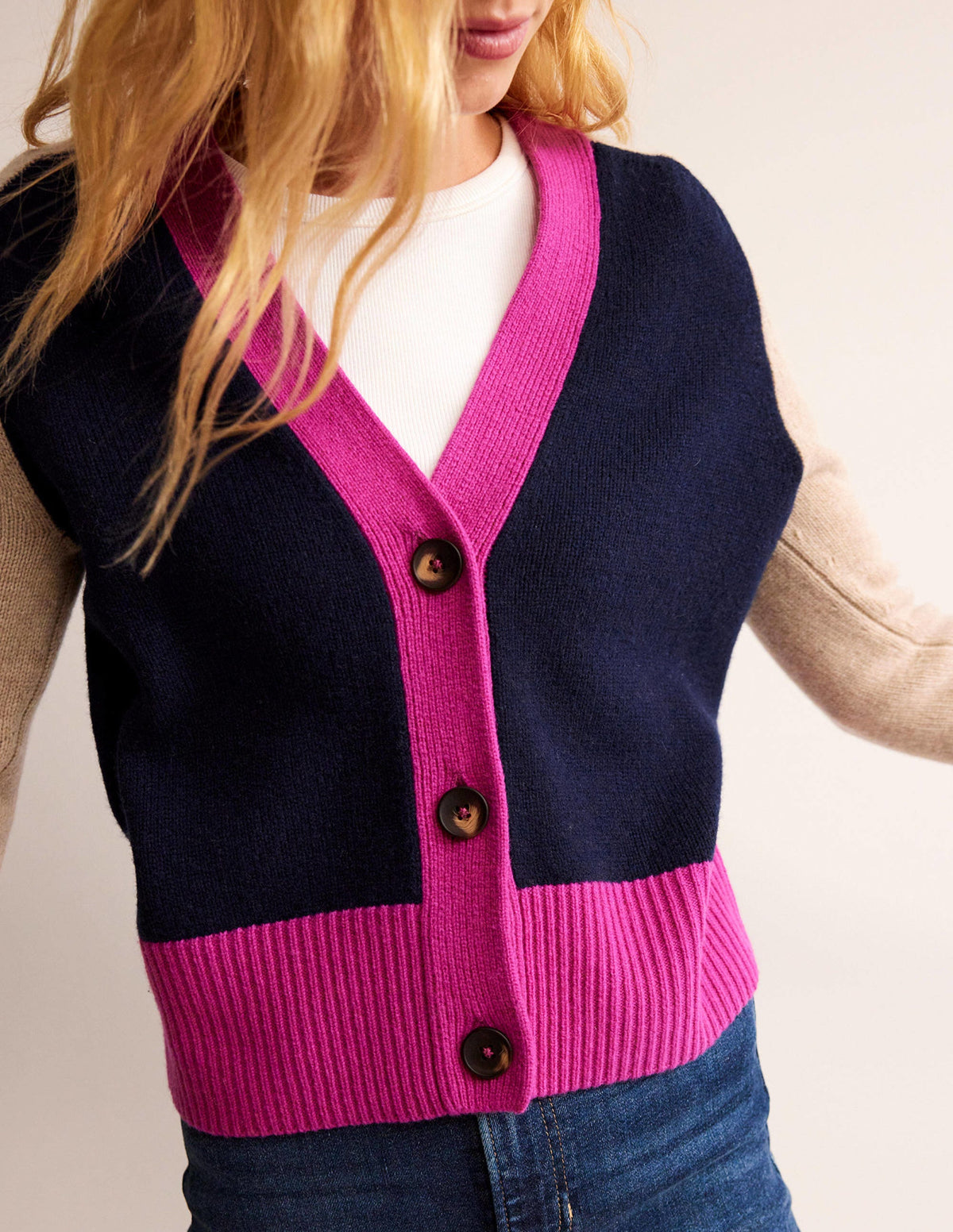 Olivia Merino Cardigan-French Navy Colourblock-2