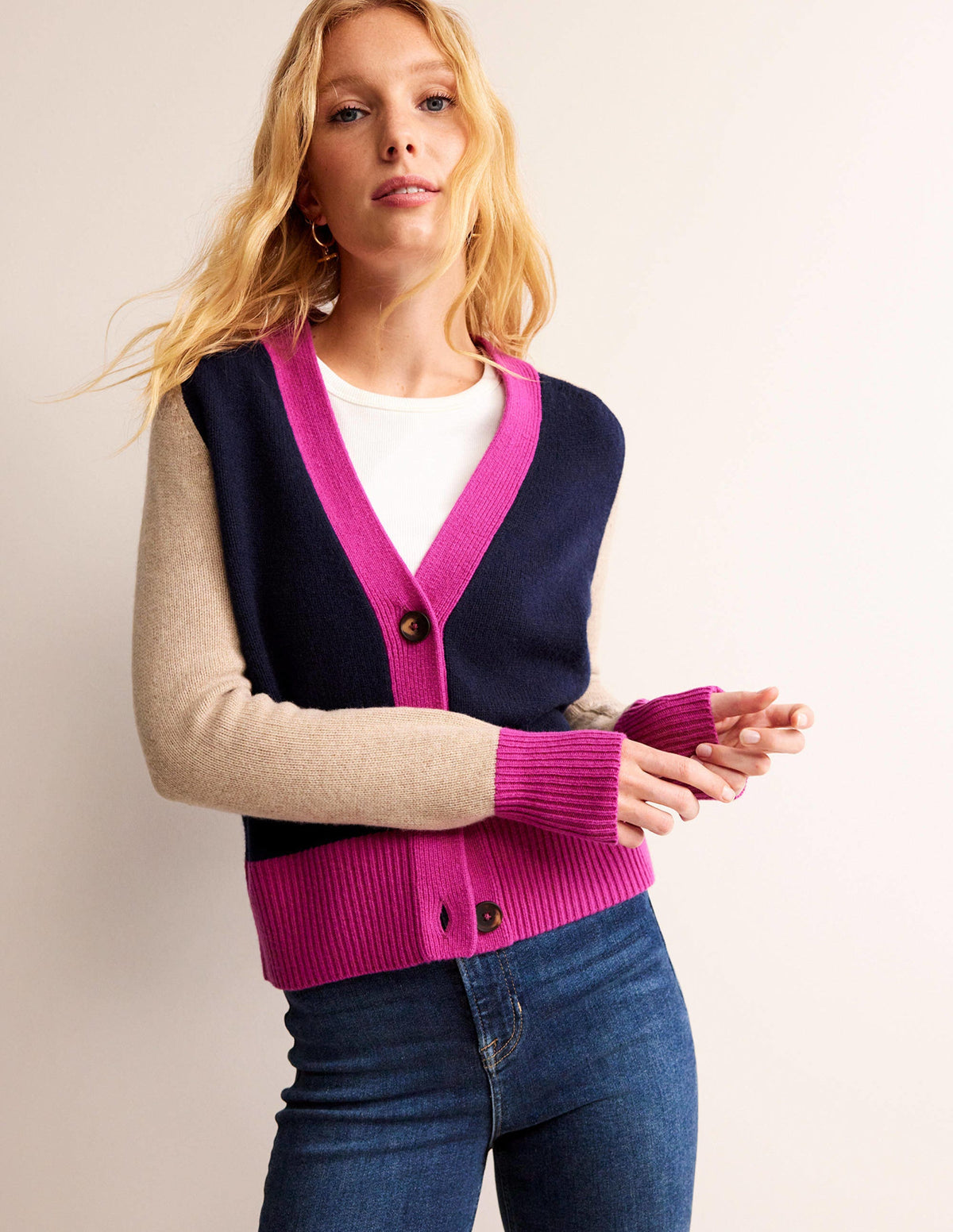 Olivia Merino Cardigan-French Navy Colourblock - Image 4