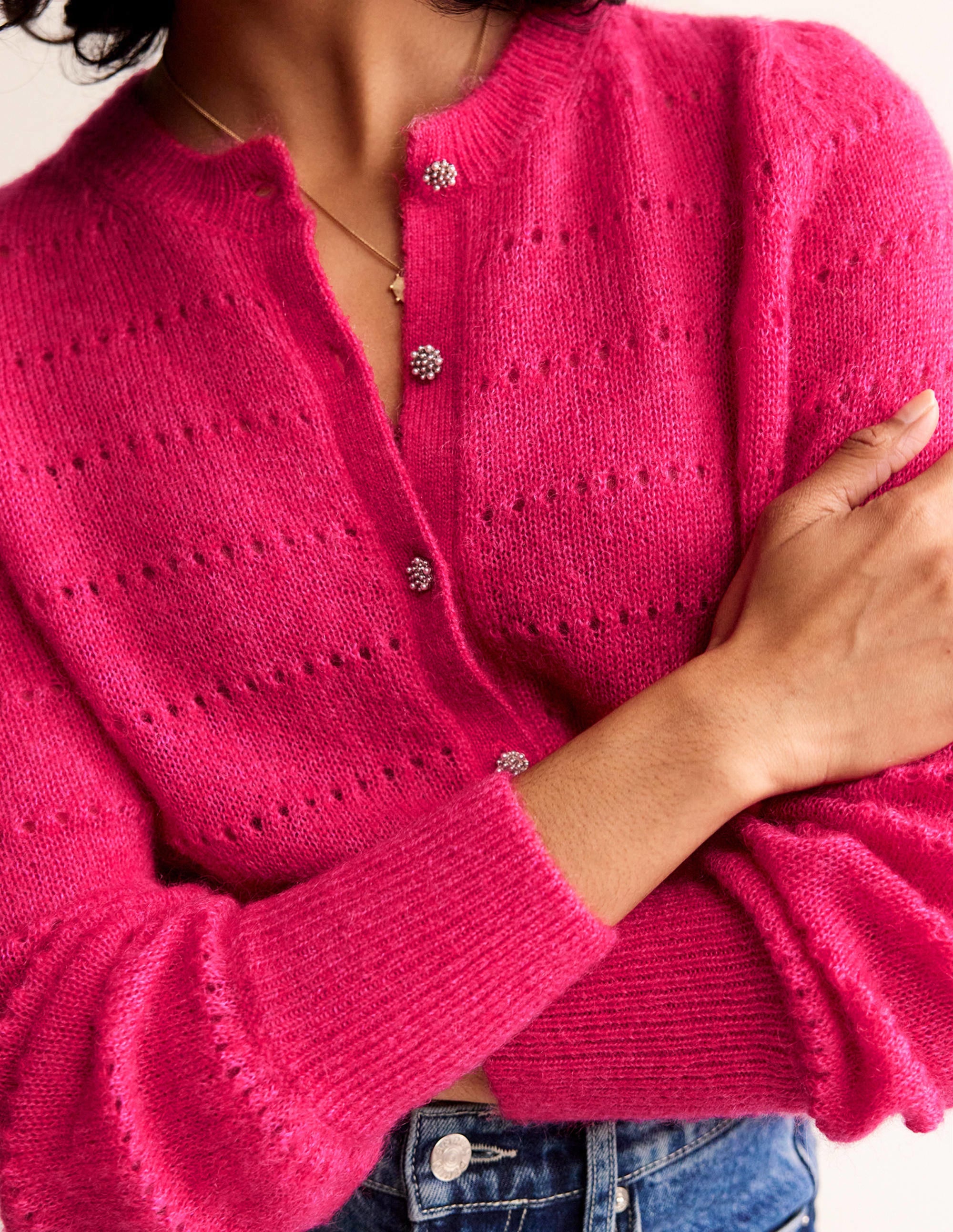 Fluffy Textured Cardigan-Vibrant Pink - Image 2