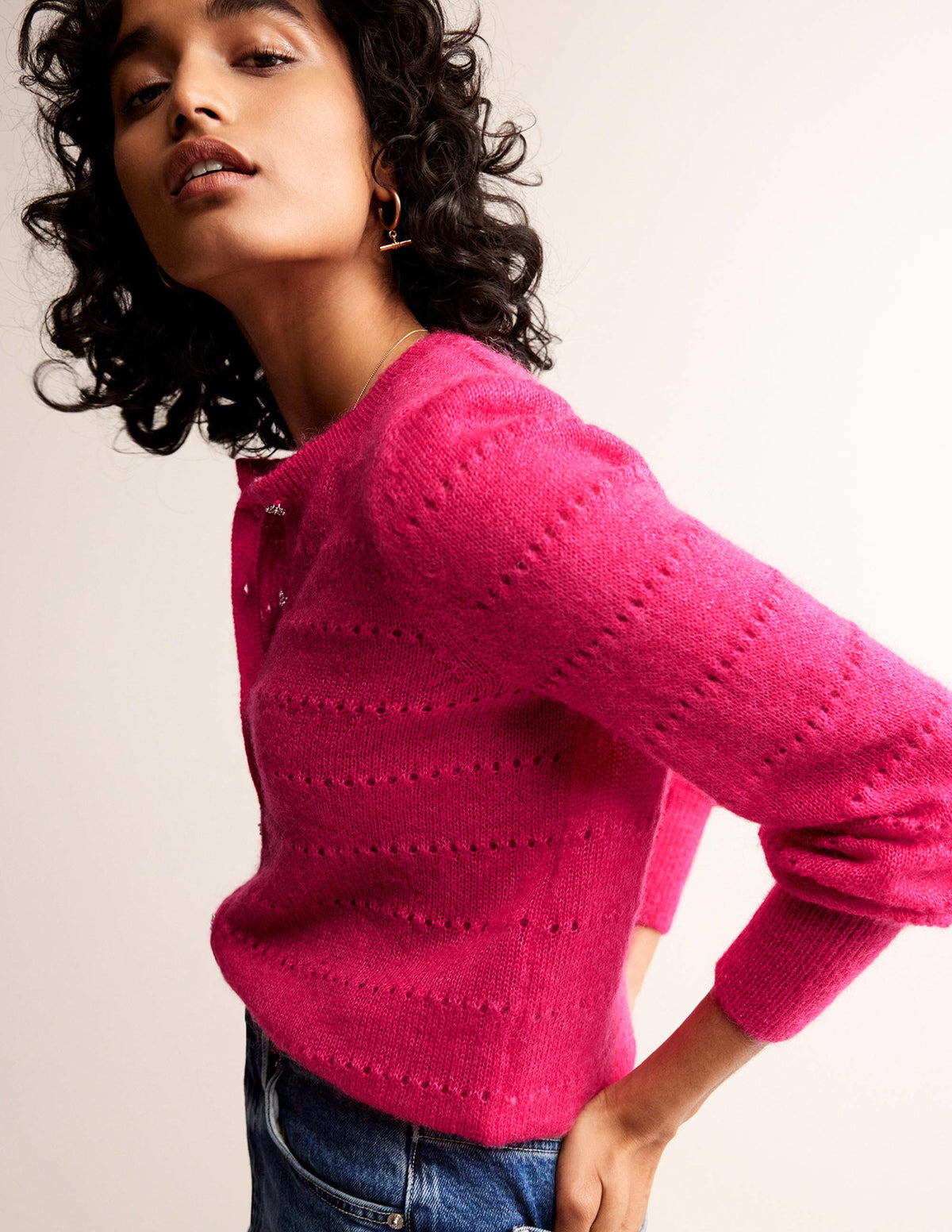 Fluffy Textured Cardigan-Vibrant Pink - Image 4